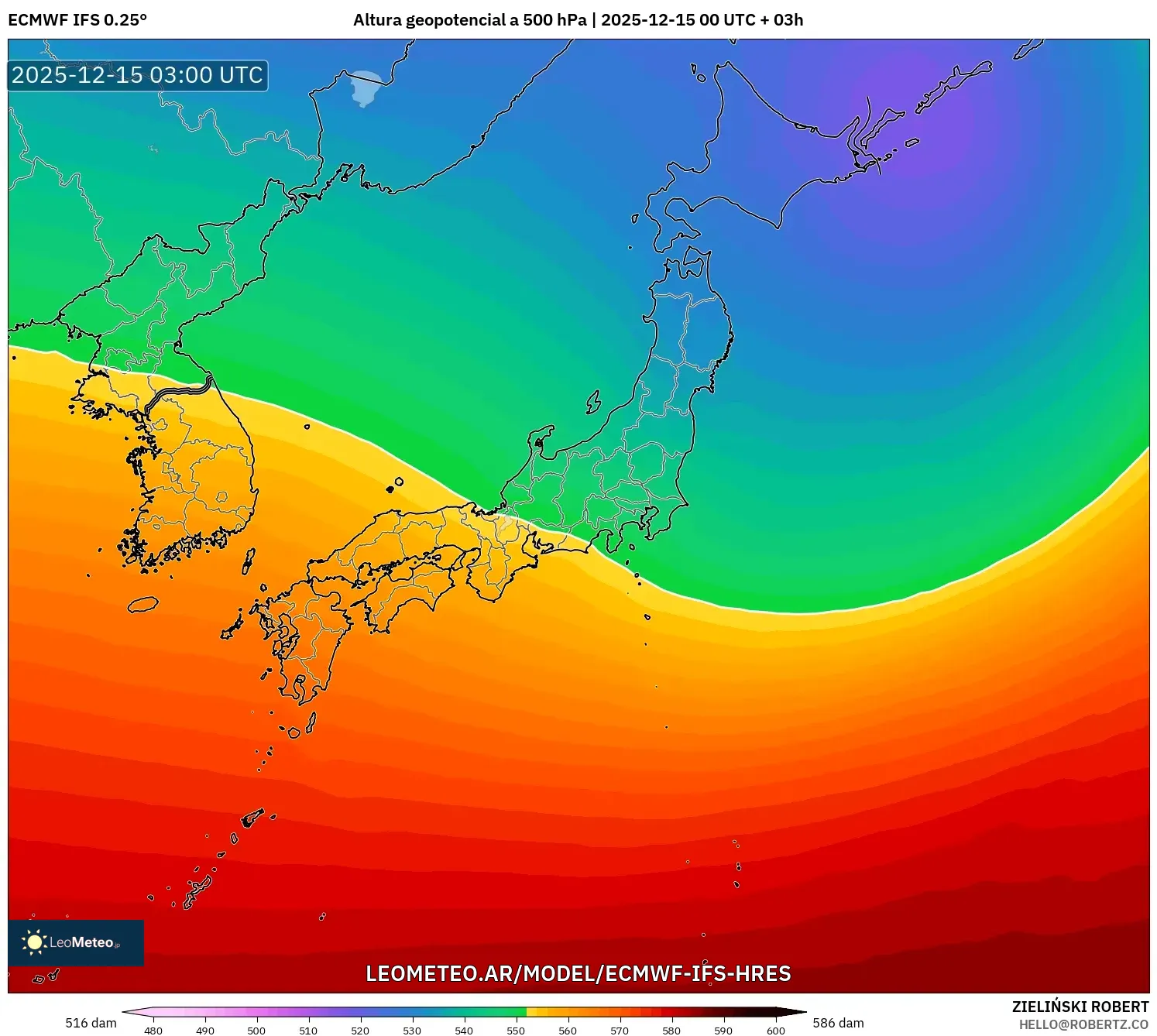 ECMWF IFS 0.25° model - Japón, Altura geopotencial a 500 hPa