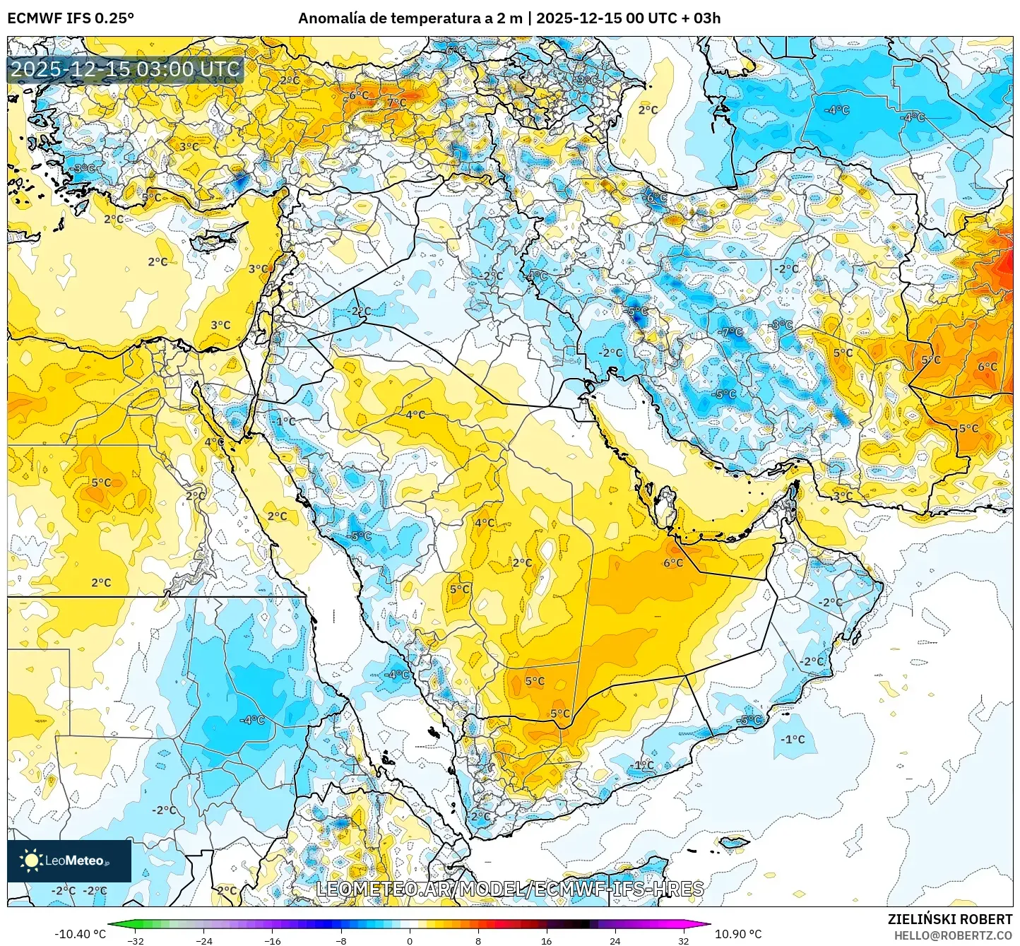 ECMWF IFS 0.25° model - Oriente Medio, Anomalía de temperatura a 2 m