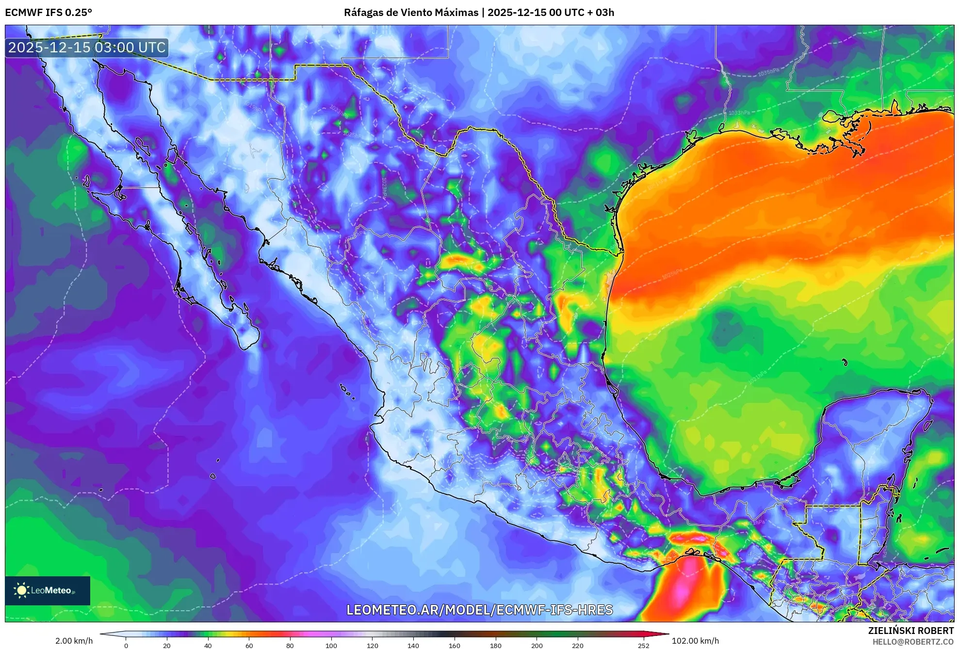 ECMWF IFS 0.25° model - México, Ráfagas de Viento Máximas