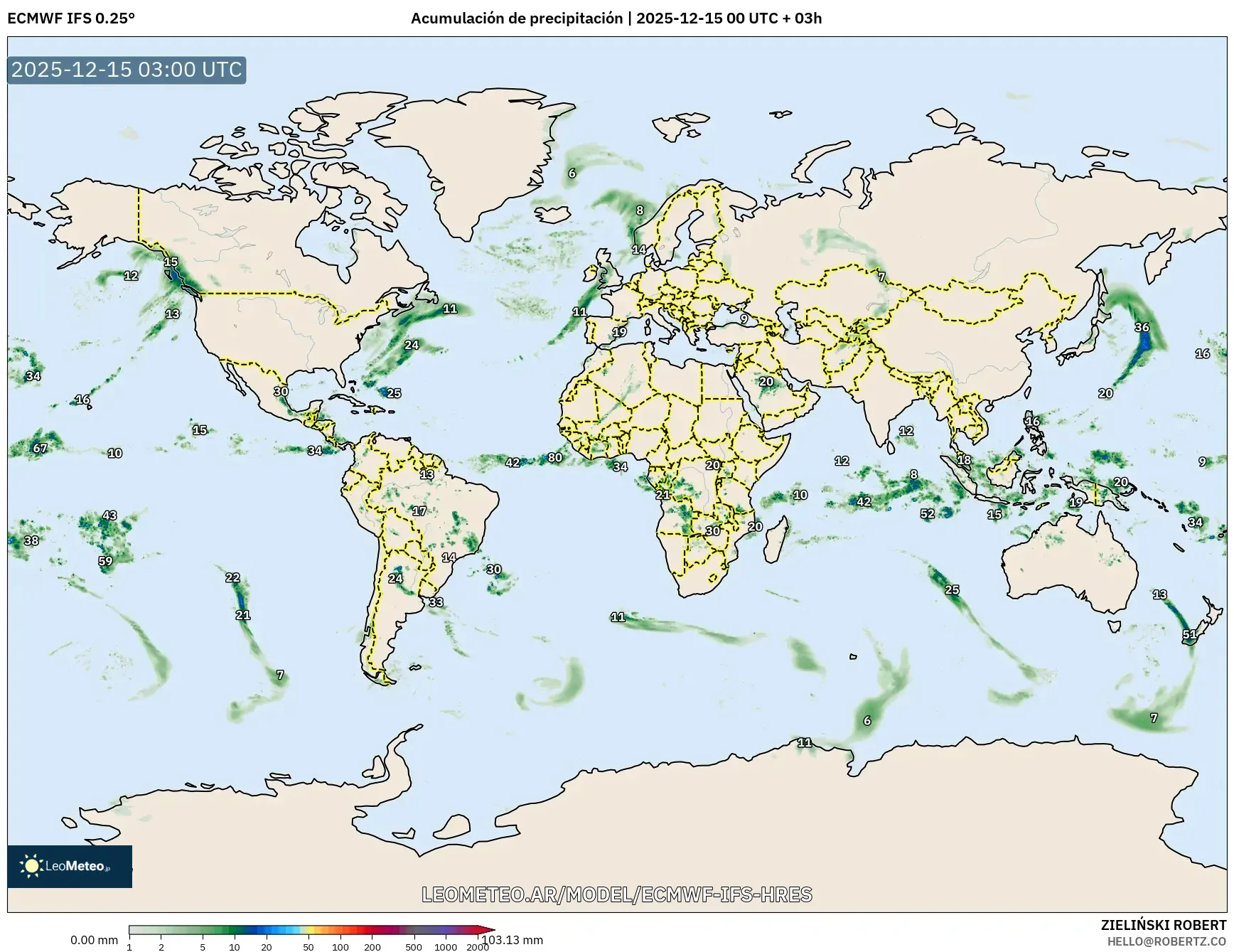 ECMWF IFS 0.25° model - Mundo, Acumulación de precipitación