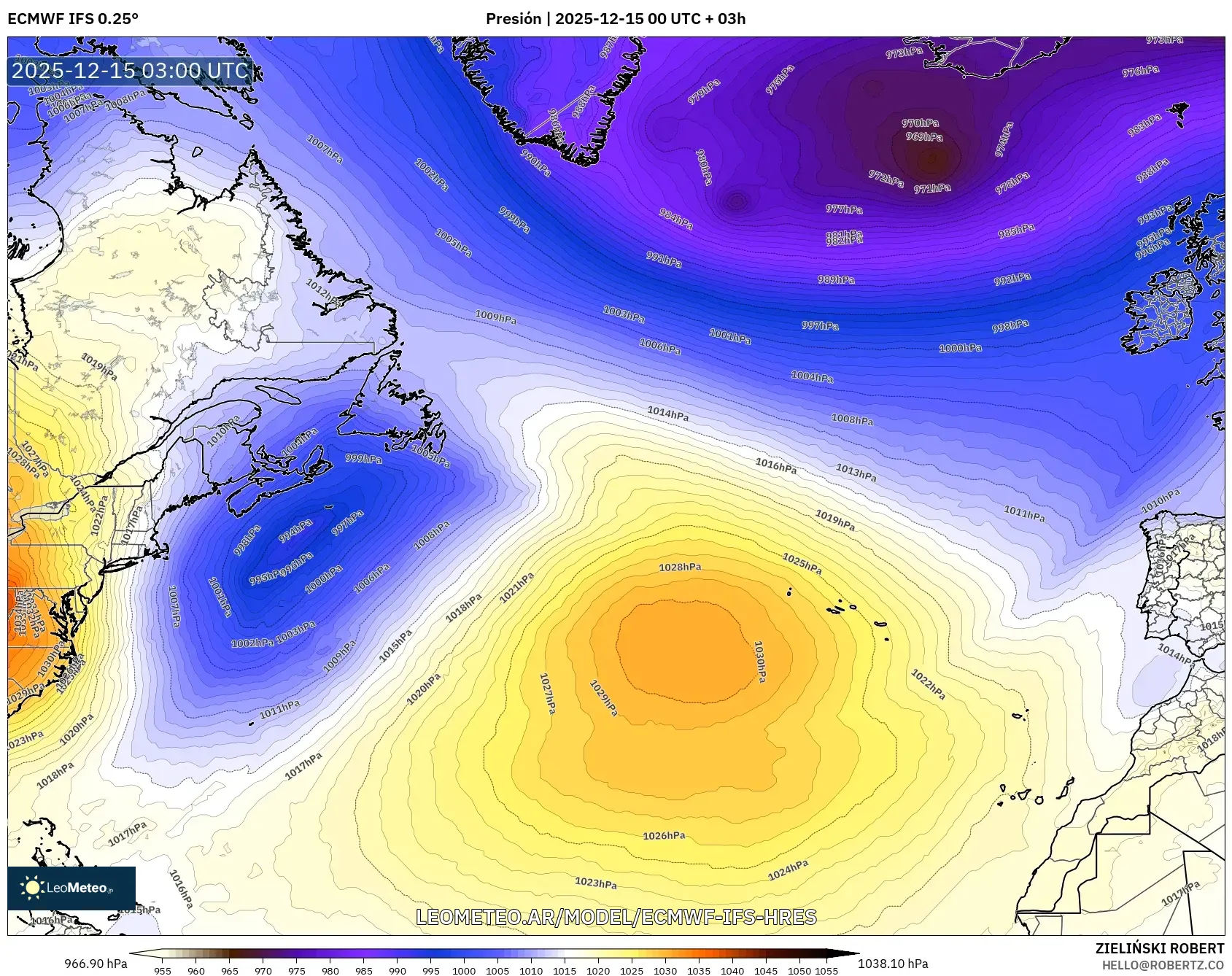 ECMWF IFS 0.25° model - Norte Atlántico, Presión