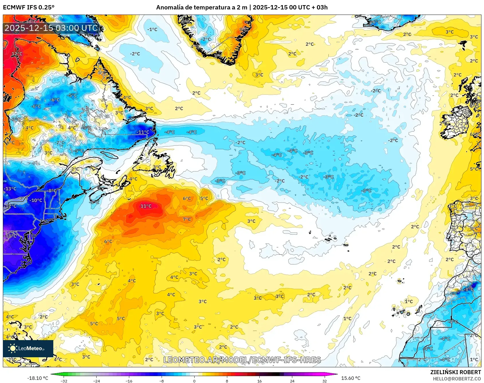 ECMWF IFS 0.25° model - Norte Atlántico, Anomalía de temperatura a 2 m