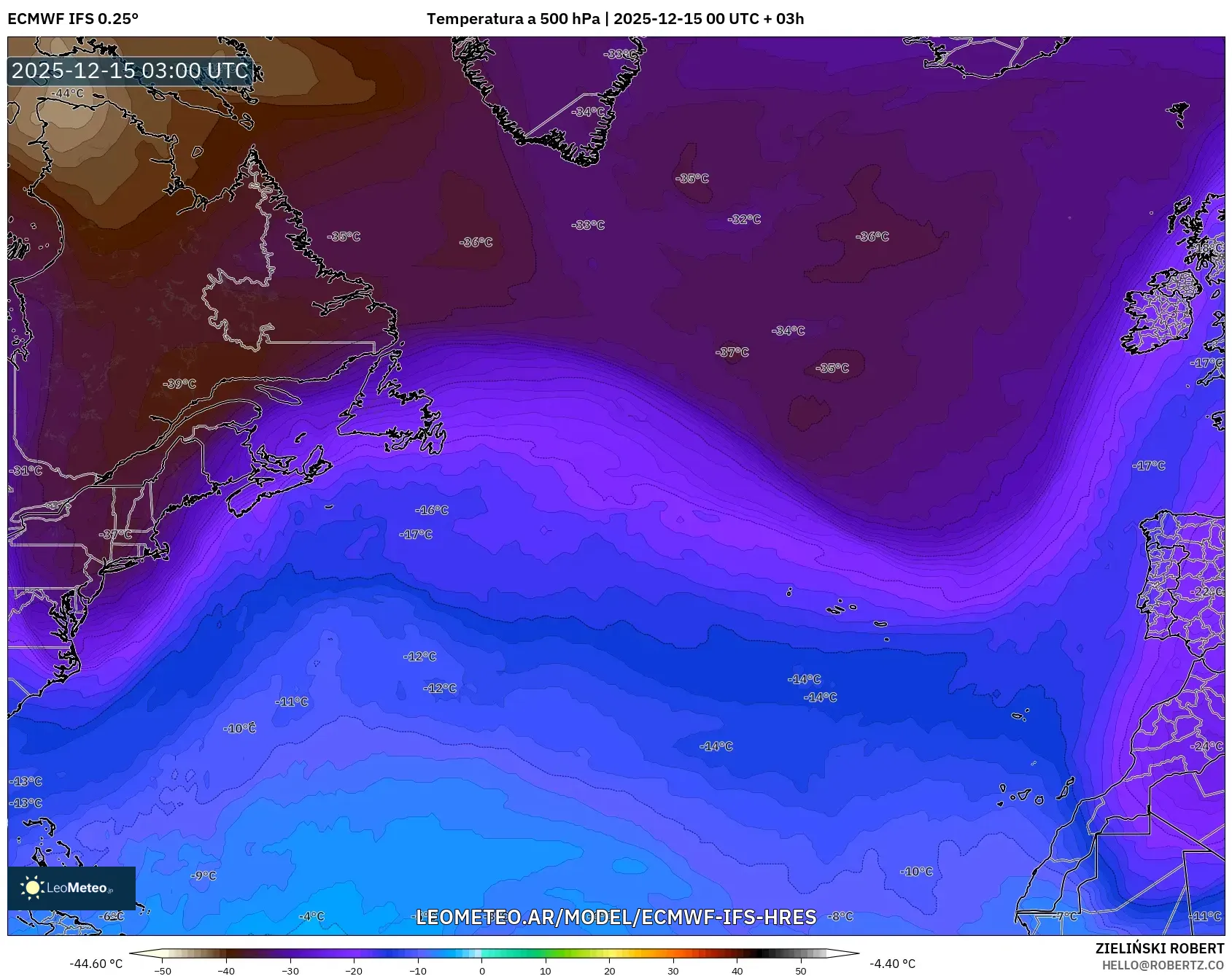 ECMWF IFS 0.25° model - Norte Atlántico, Temperatura a 500 hPa