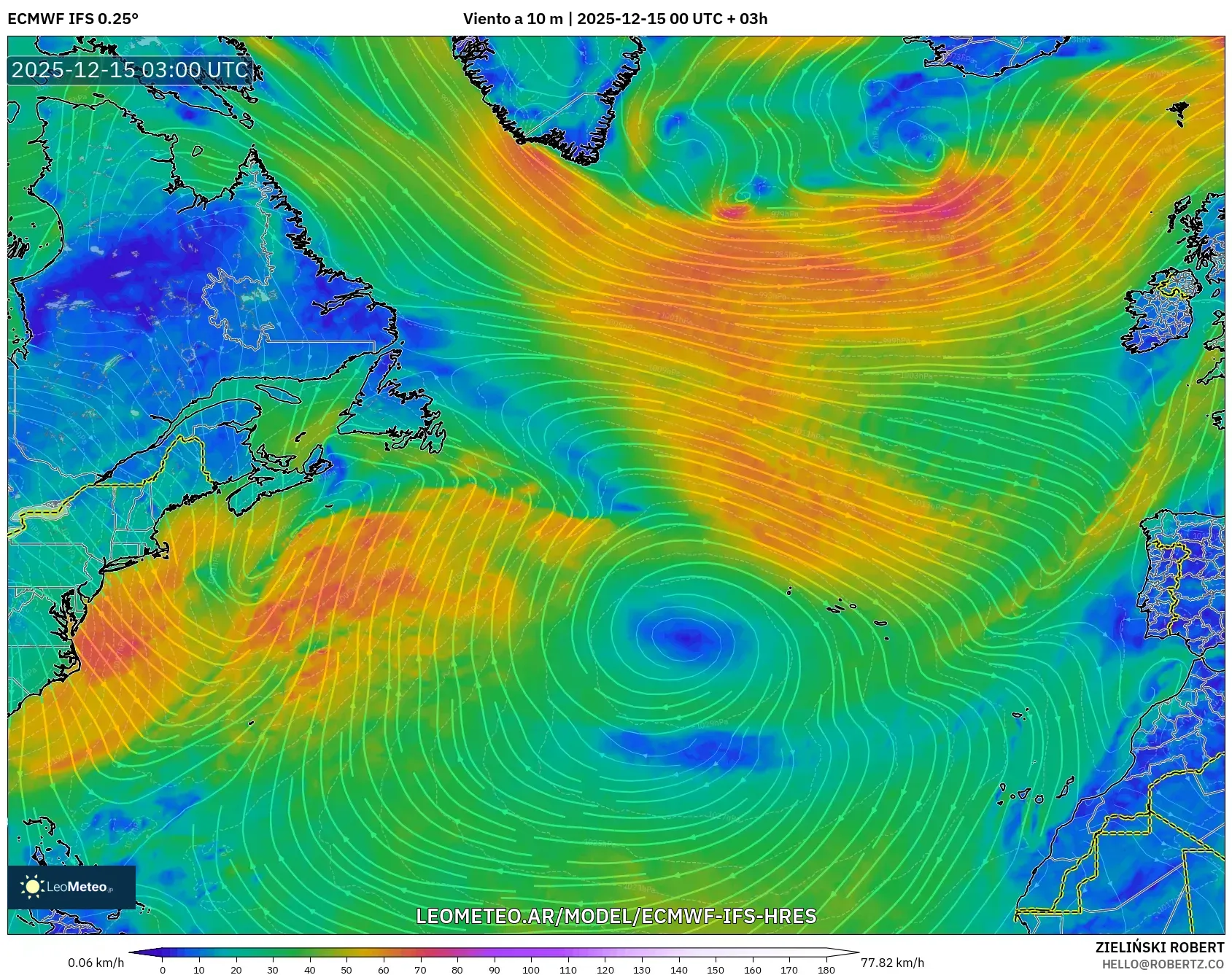 ECMWF IFS 0.25° model - Norte Atlántico, Viento a 10 m