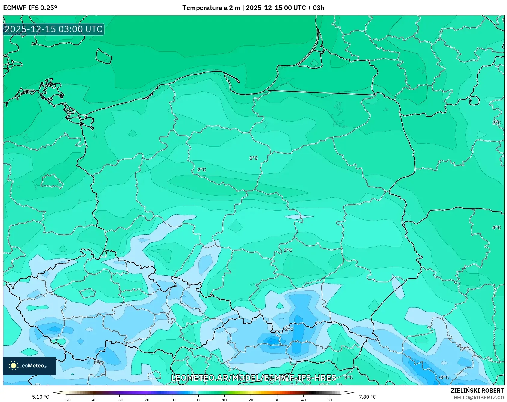 ECMWF IFS 0.25° model - Polonia, Temperatura a 2 m