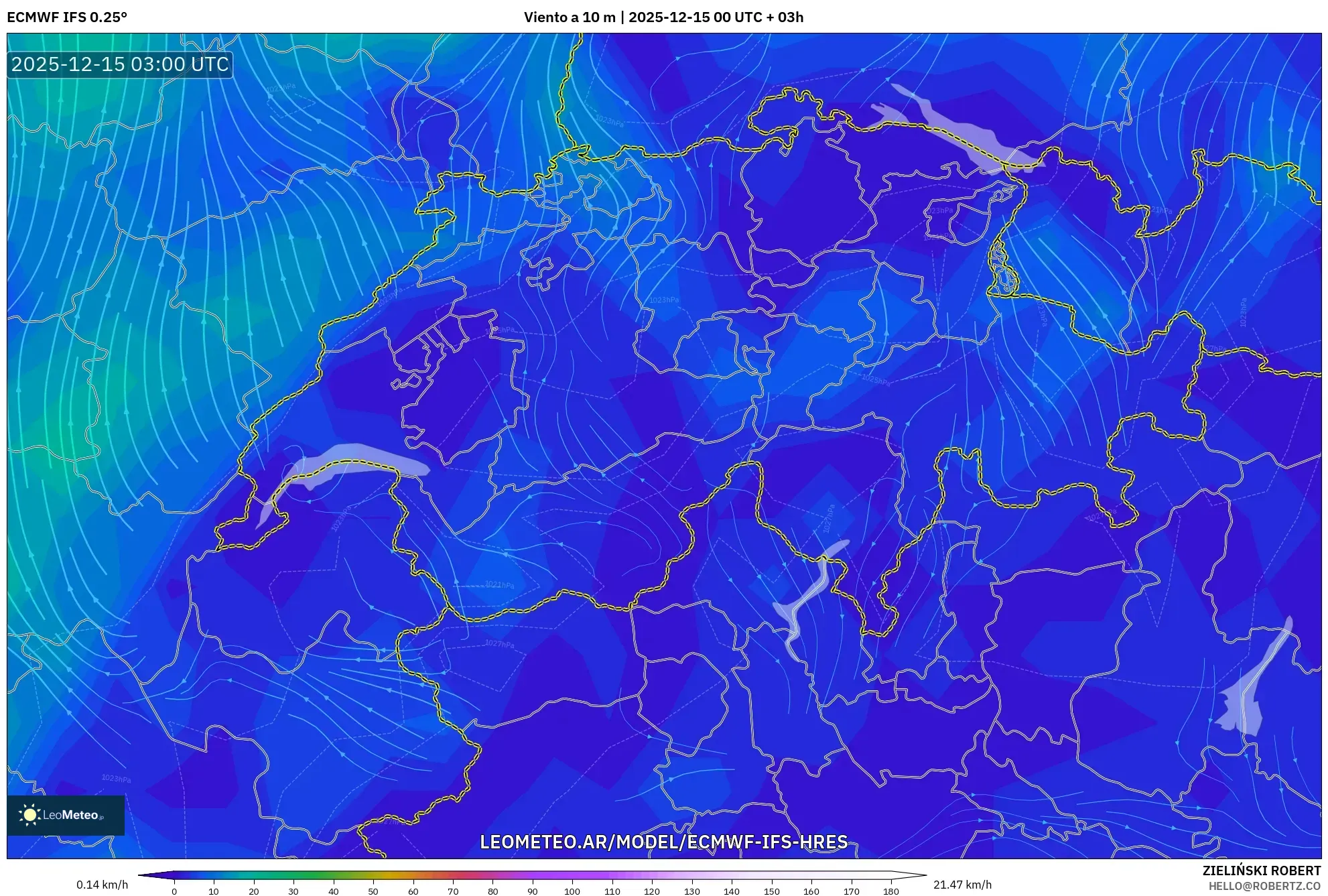 ECMWF IFS 0.25° model - Suiza, Viento a 10 m