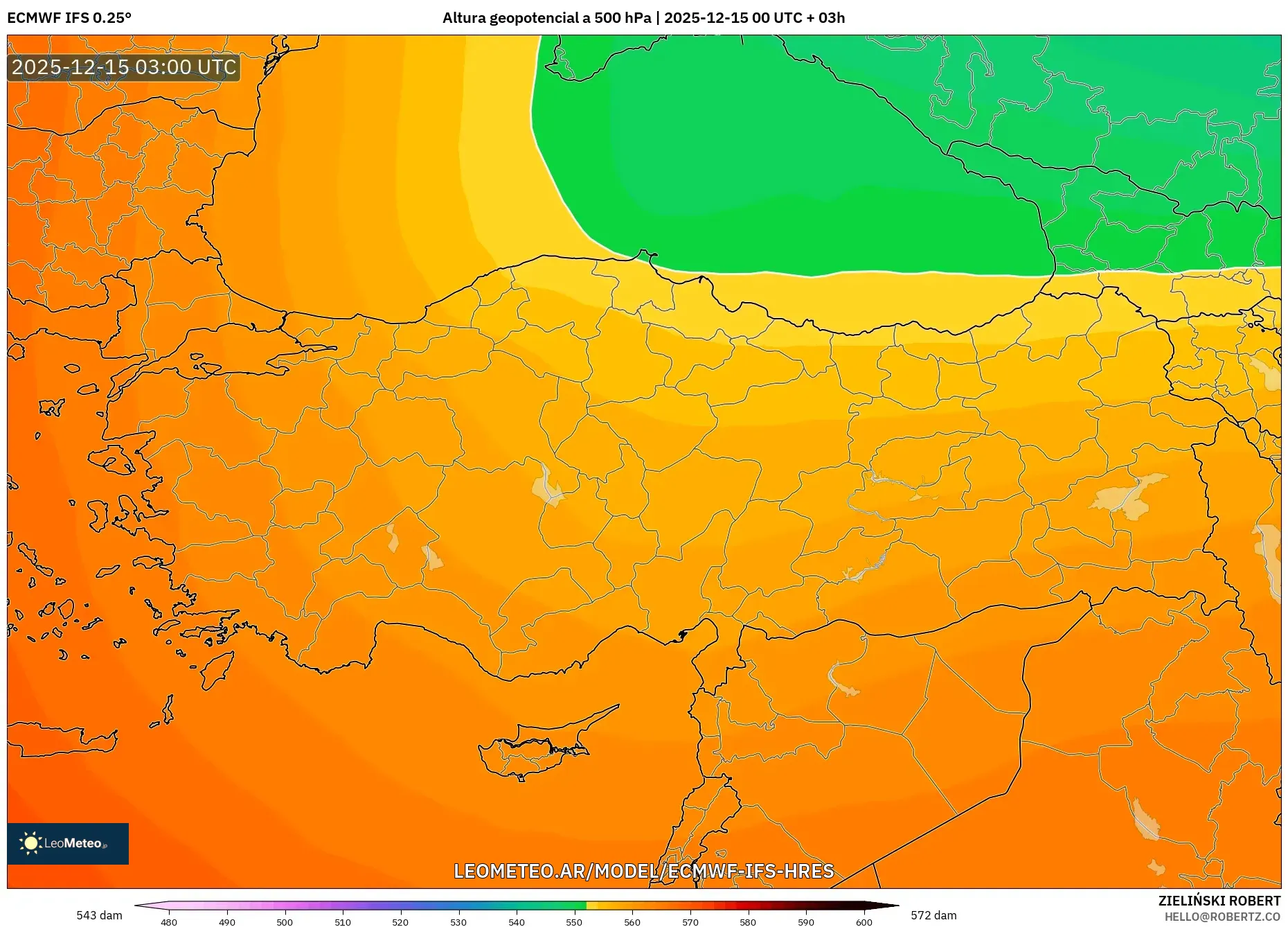 ECMWF IFS 0.25° model - Turquía, Altura geopotencial a 500 hPa