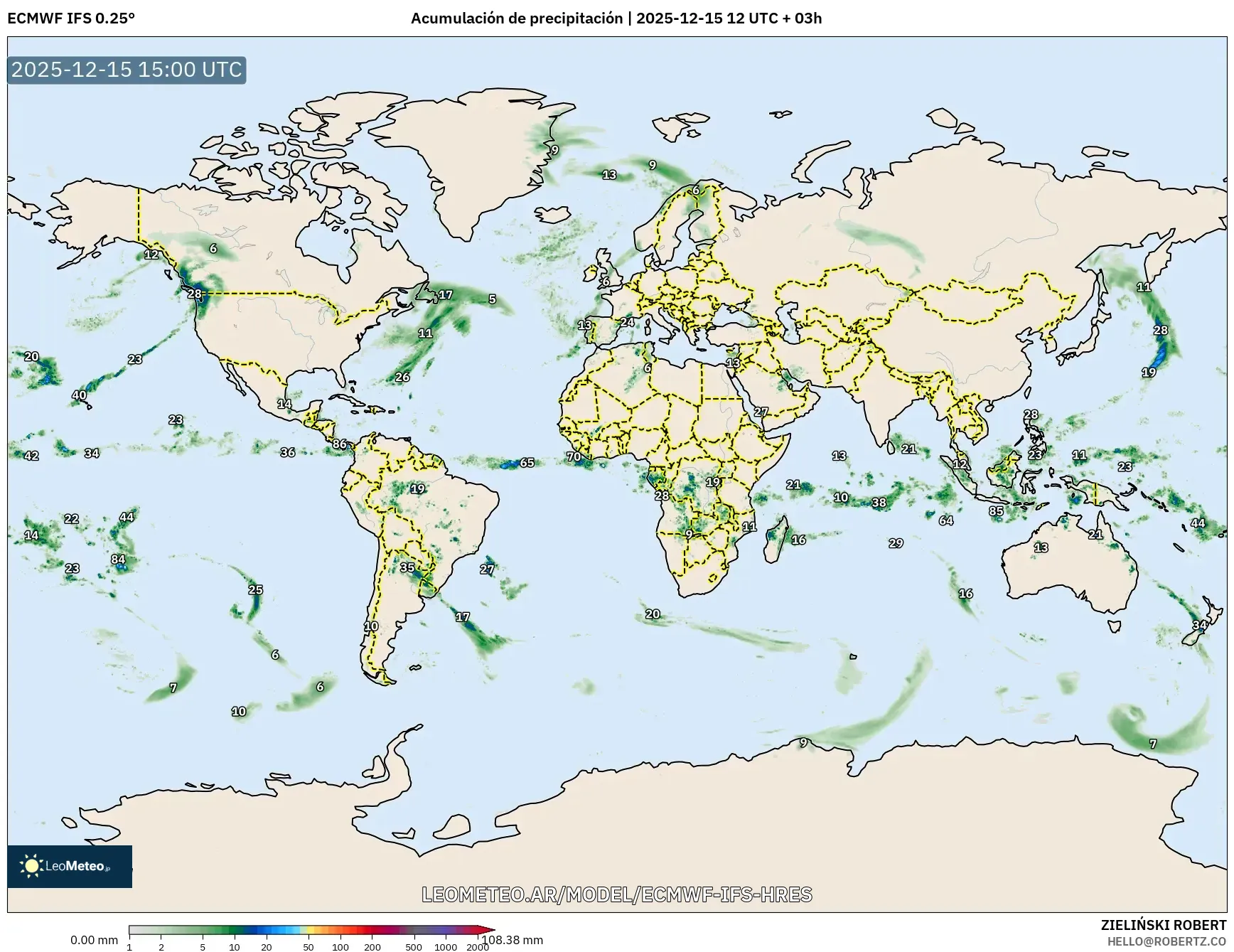 ECMWF IFS 0.25° model - Mundo, Acumulación de precipitación
