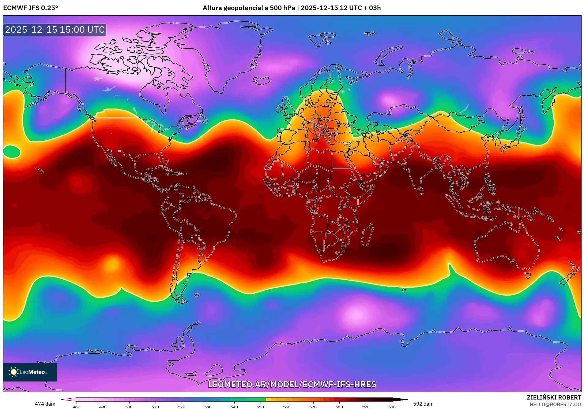 ECMWF IFS 0.25° model - Mundo, Altura geopotencial a 500 hPa