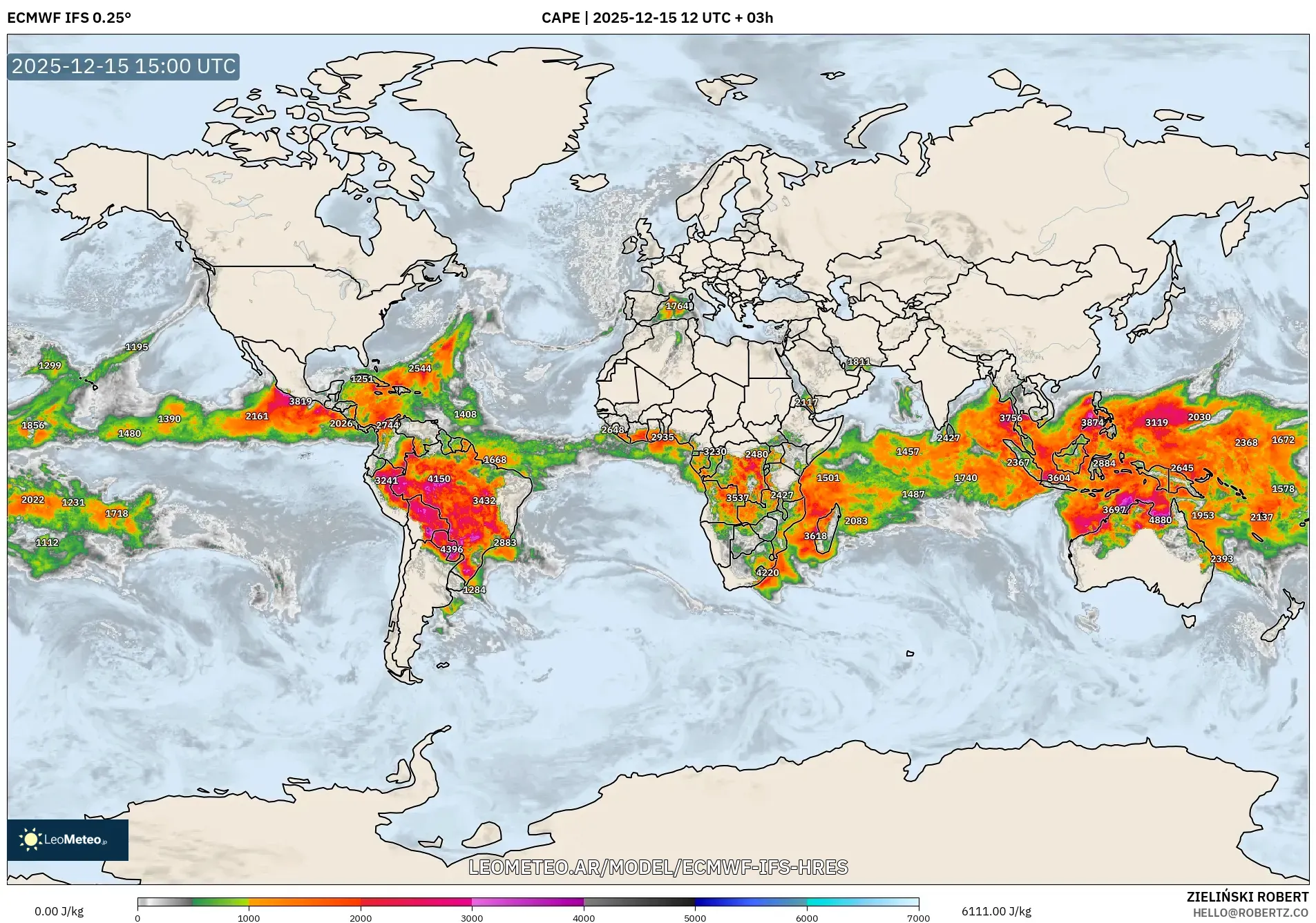 ECMWF IFS 0.25° model - Mundo, CAPE
