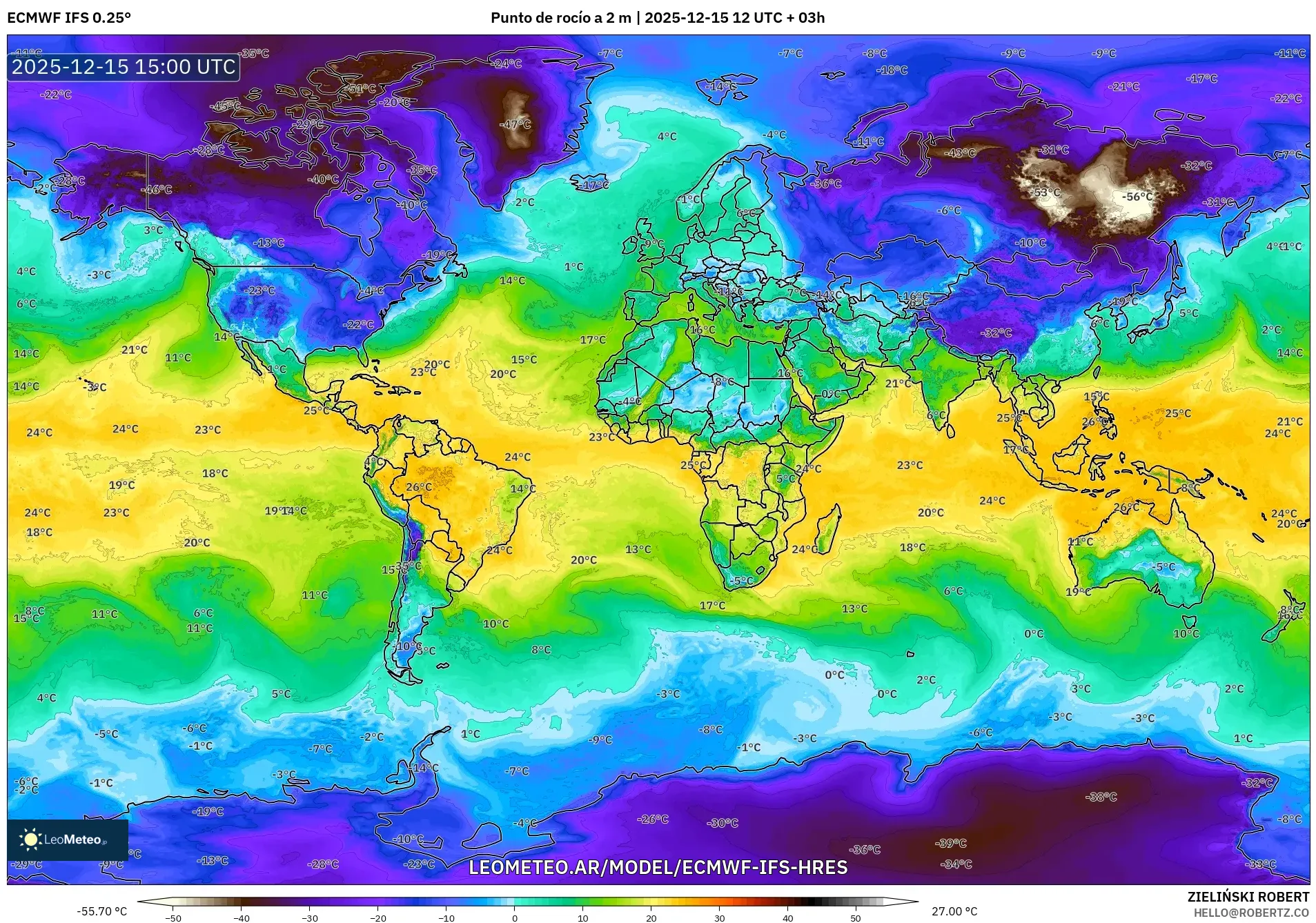 ECMWF IFS 0.25° model - Mundo, Punto de rocío a 2 m