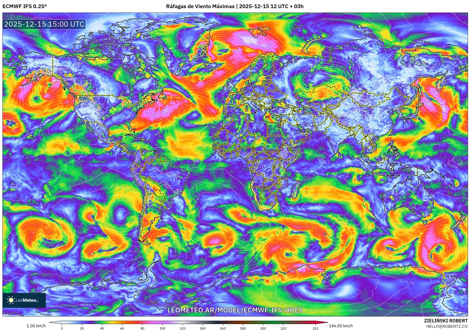 ECMWF IFS 0.25° model - Mundo, Ráfagas de Viento Máximas