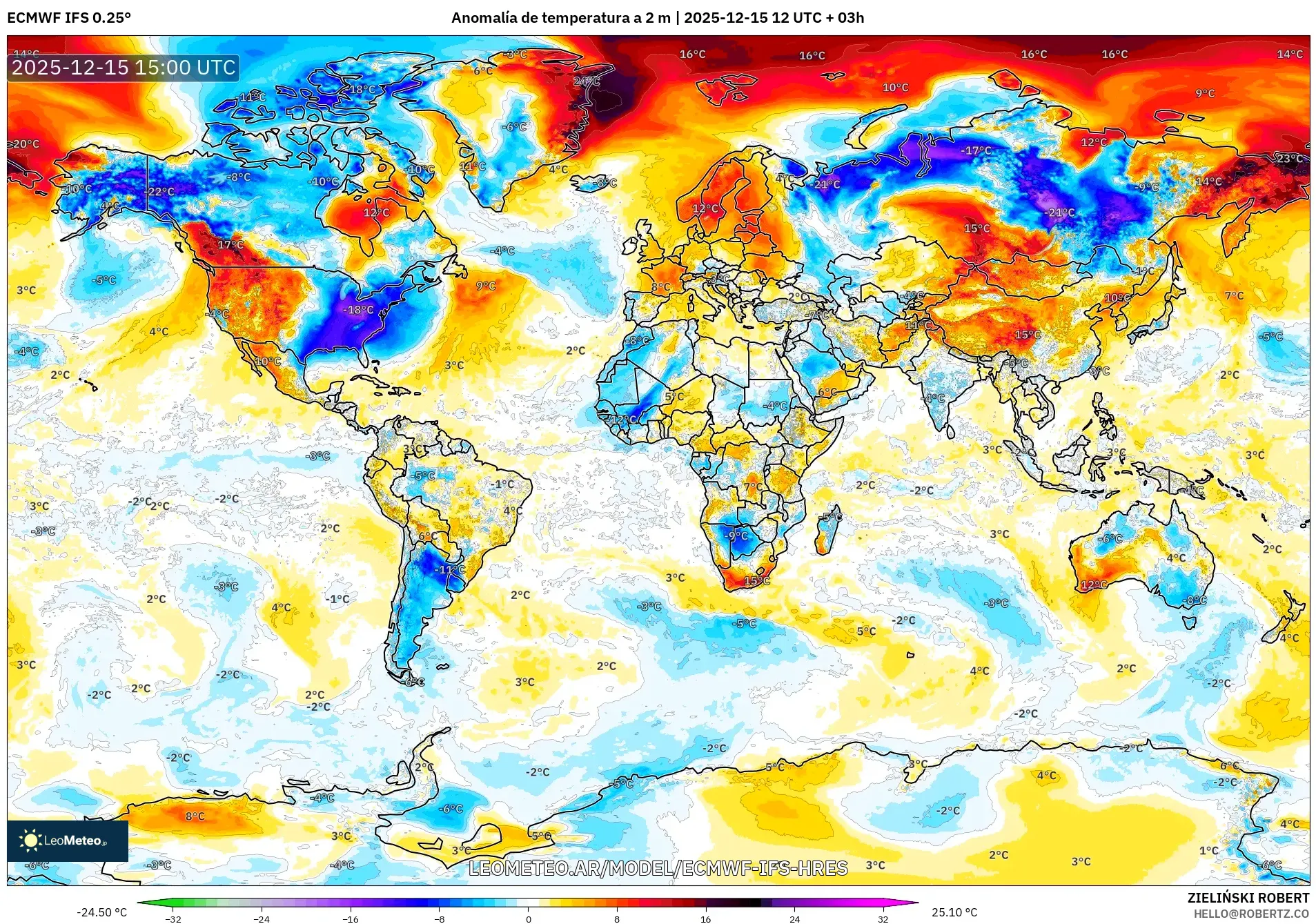 ECMWF IFS 0.25° model - Mundo, Anomalía de temperatura a 2 m