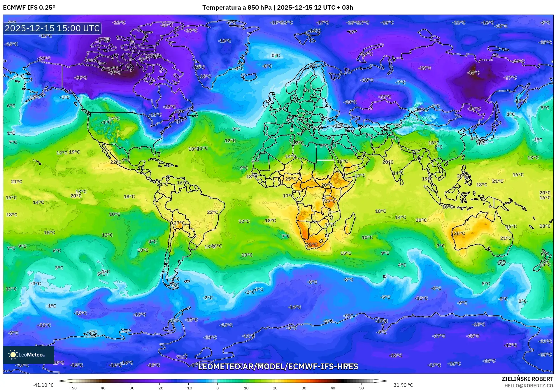 ECMWF IFS 0.25° model - Mundo, Temperatura a 850 hPa