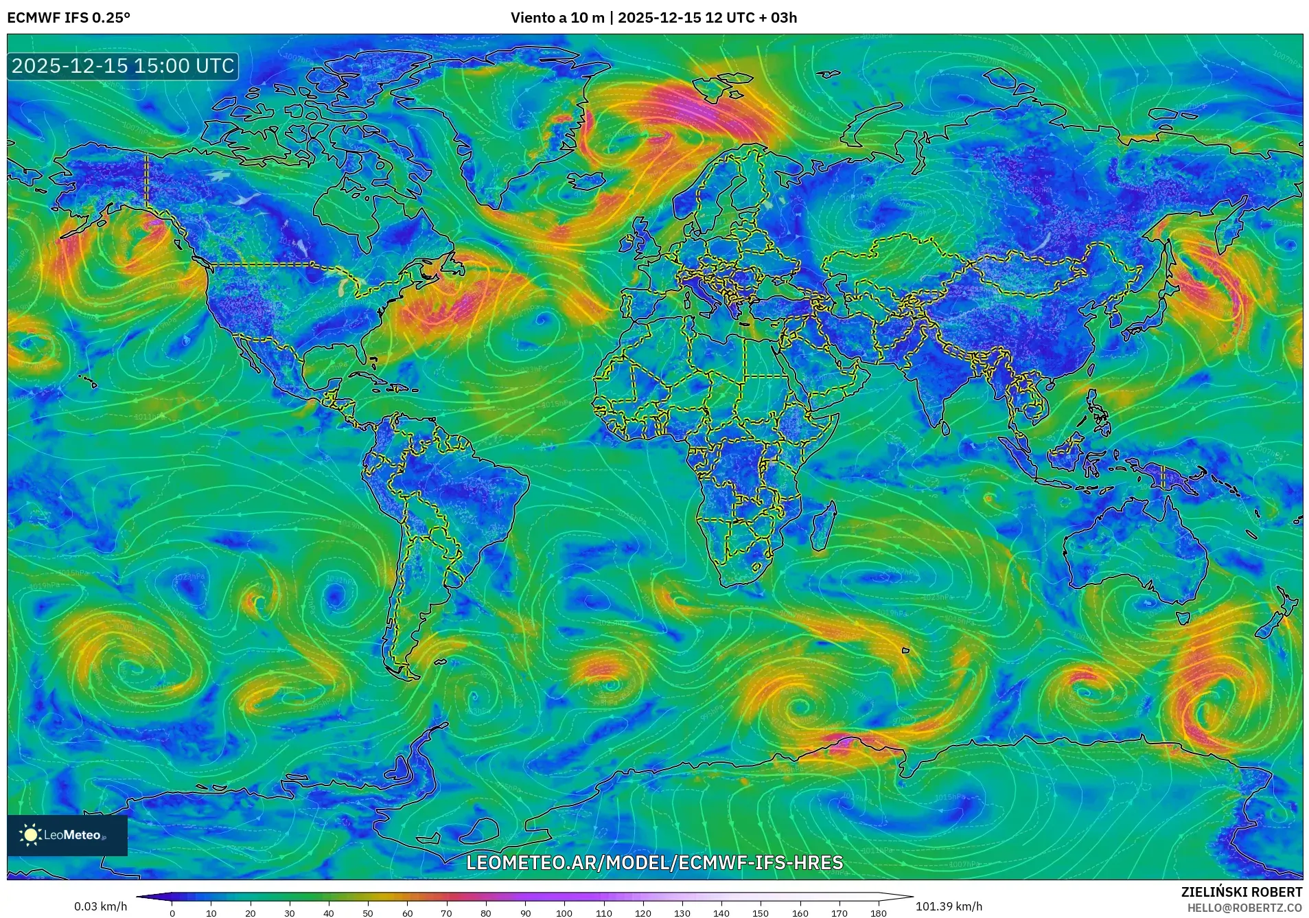 ECMWF IFS 0.25° model - Mundo, Viento a 10 m