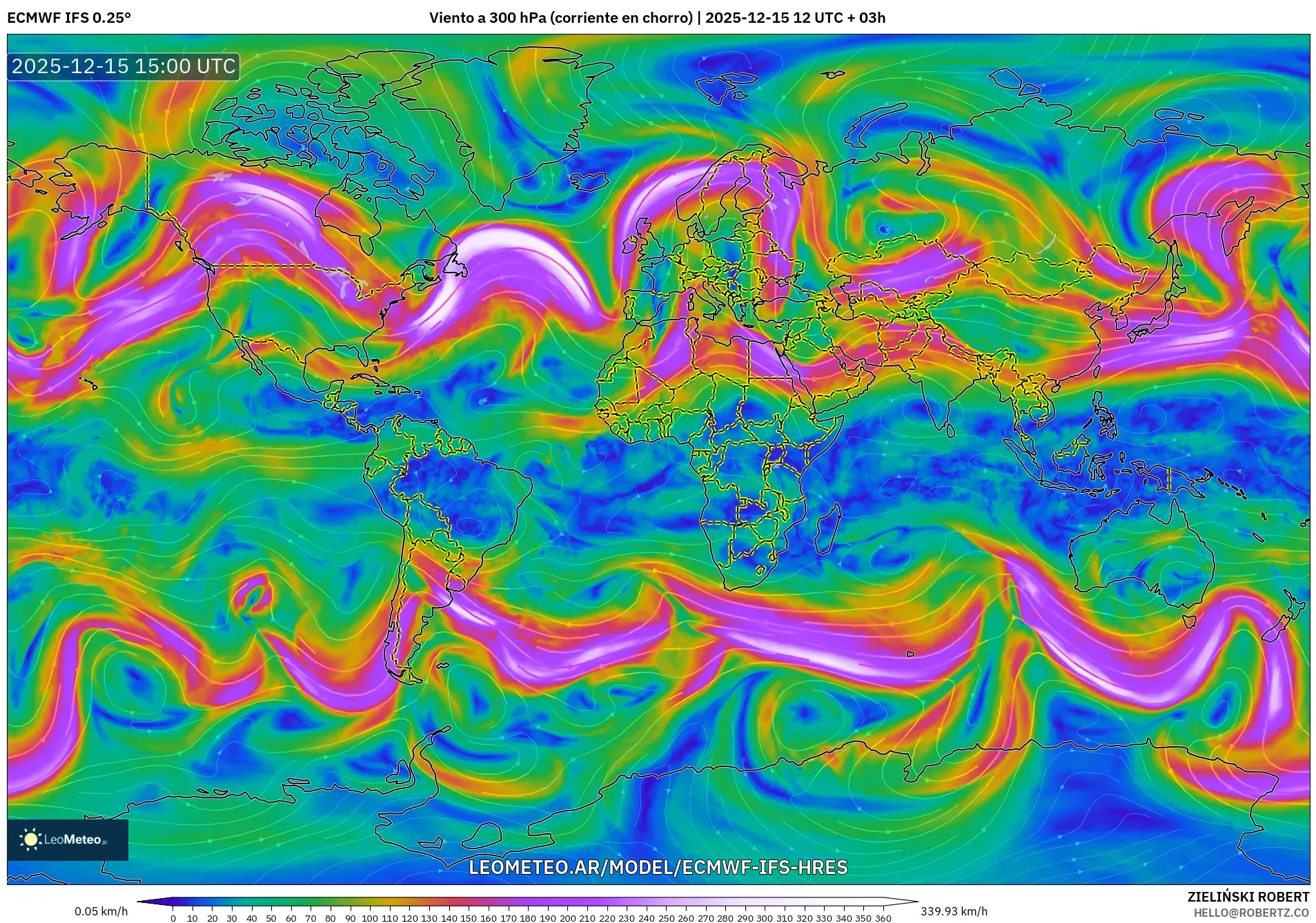 ECMWF IFS 0.25° model - Mundo, Viento a 300 hPa (corriente en chorro)