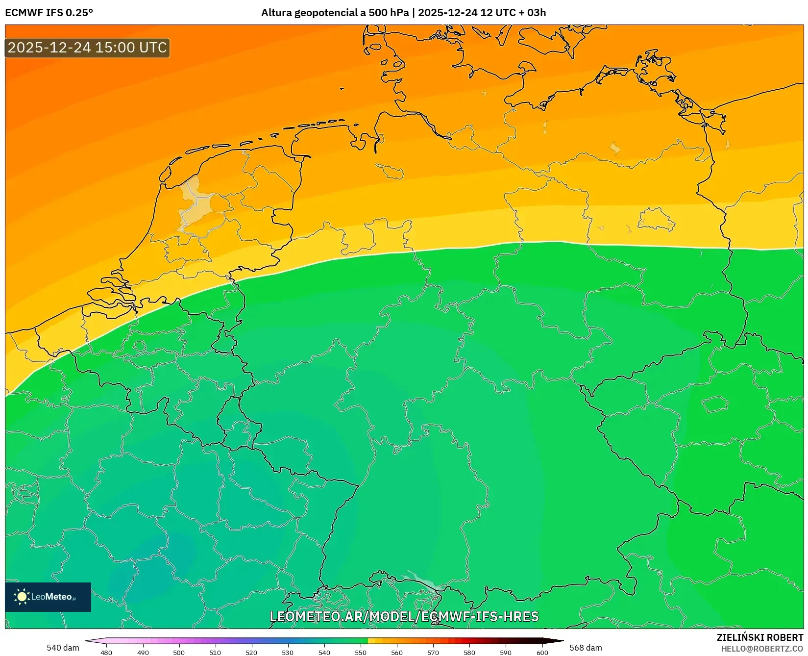 ECMWF IFS 0.25° model - Niemcy, Wysokość geopotencjalna na poziomie 500 hPa