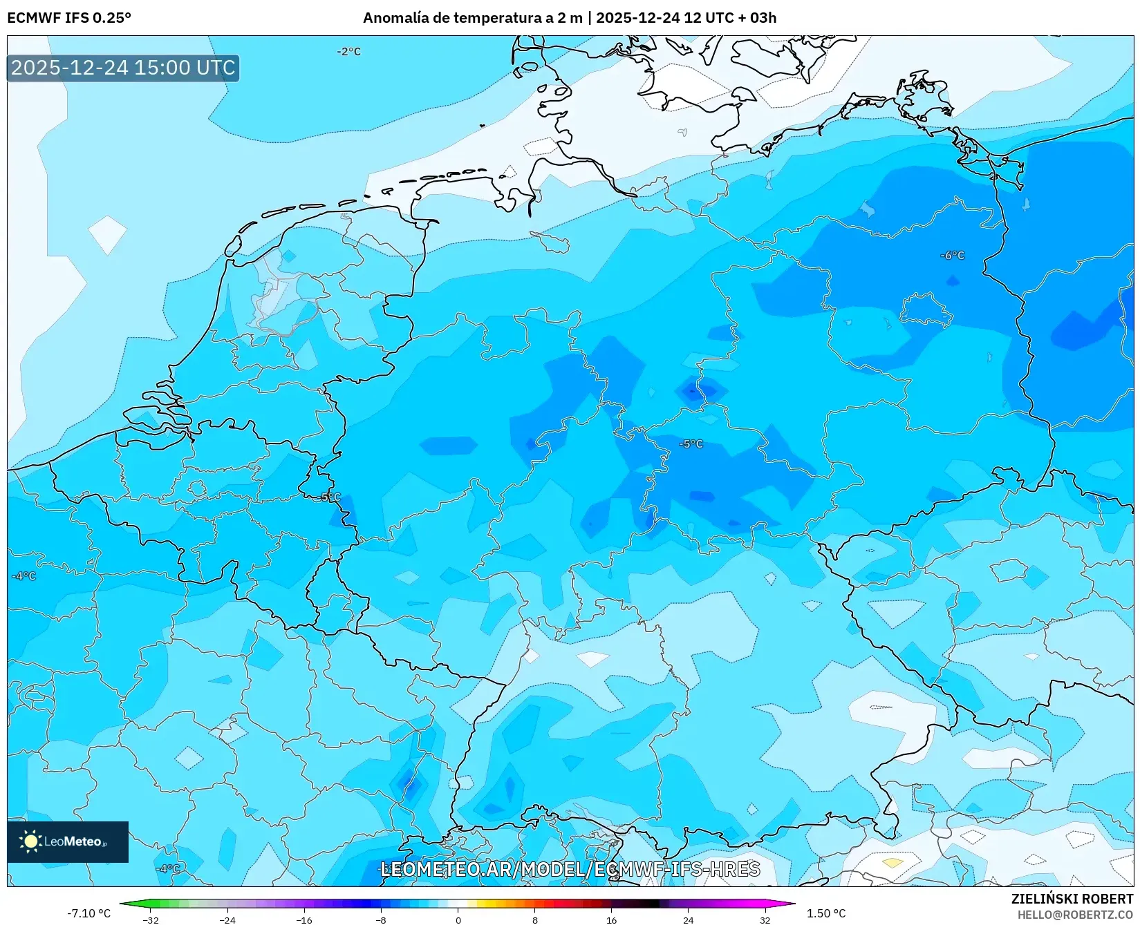 ECMWF IFS 0.25° model - Niemcy, Anomalia temperatury na 2 m