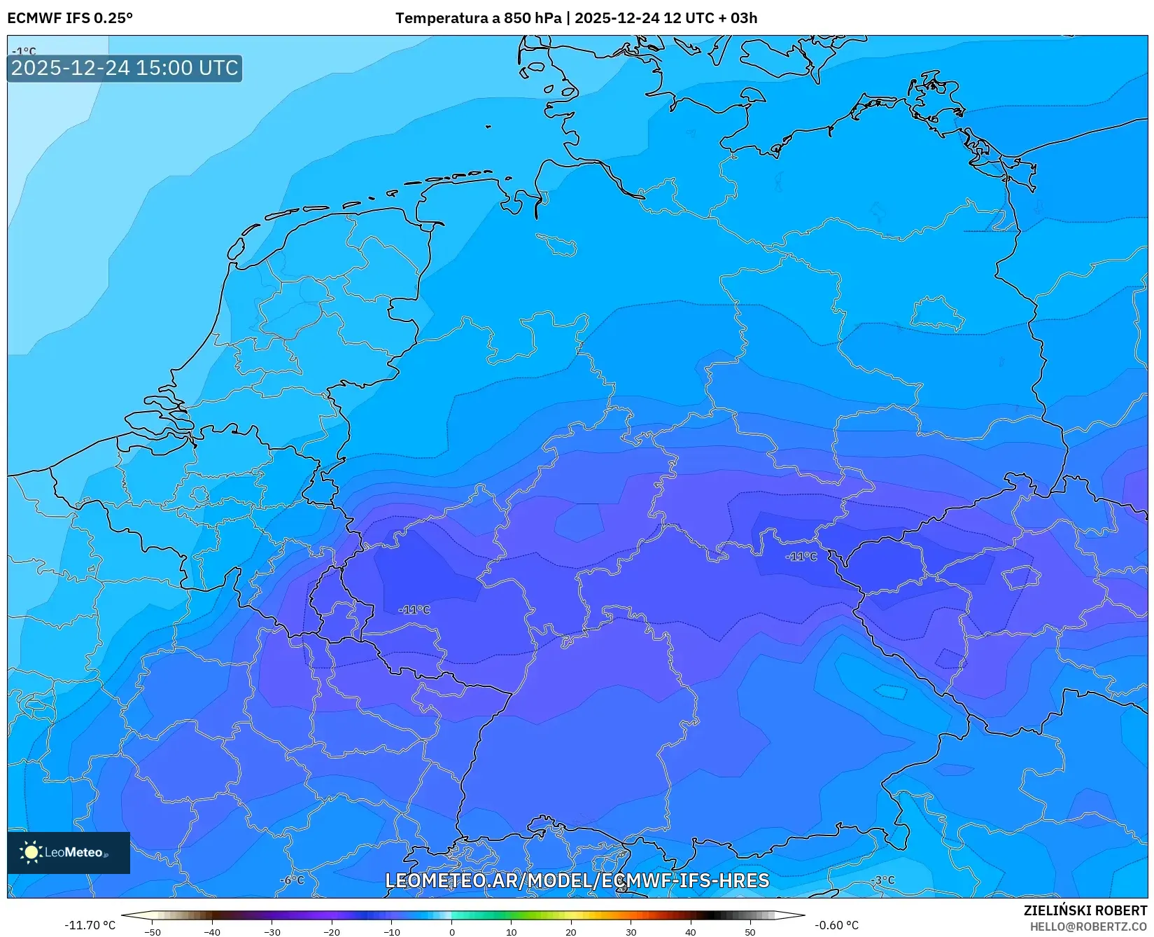 ECMWF IFS 0.25° model - Niemcy, Temperatura na 850 hPa