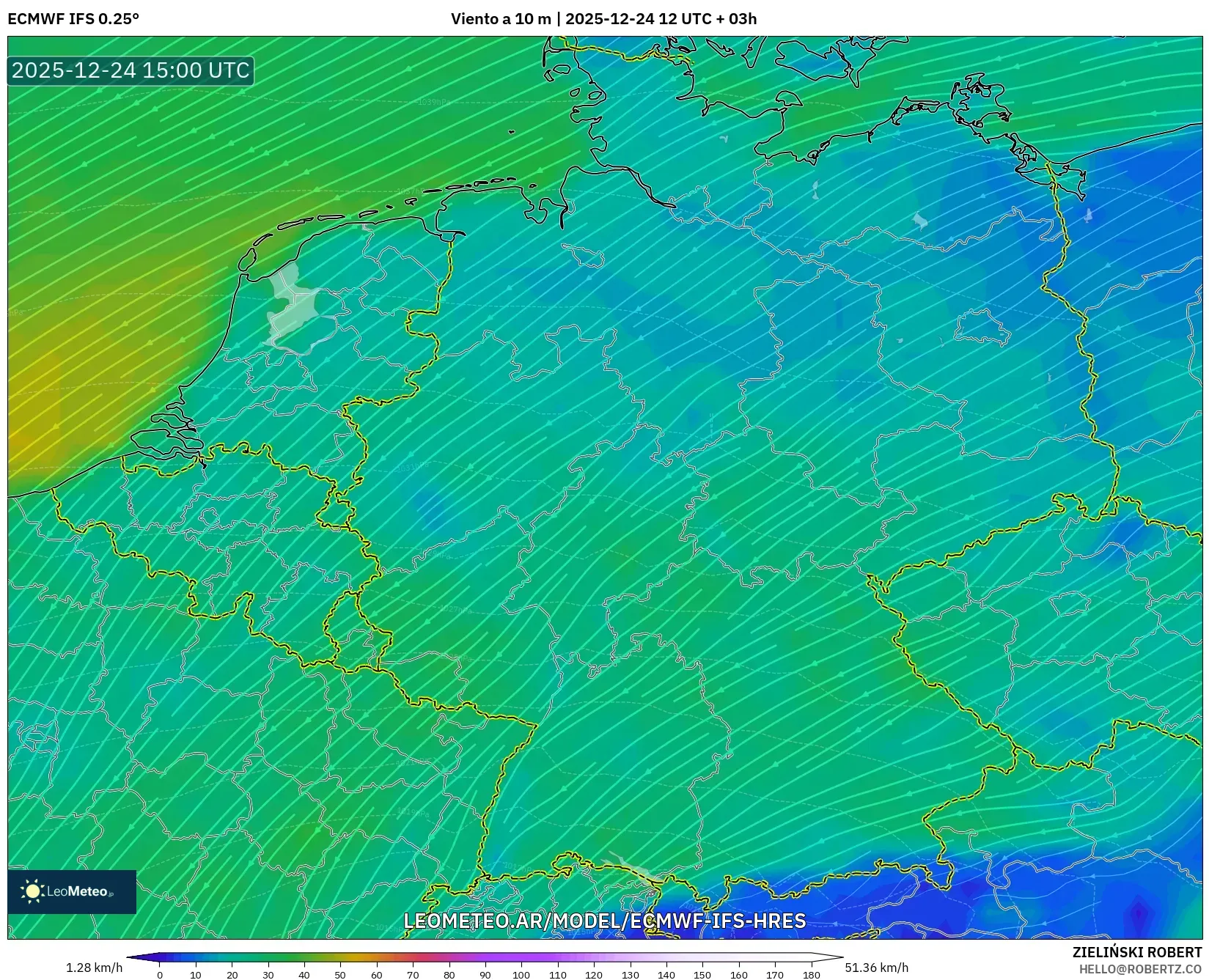ECMWF IFS 0.25° model - Niemcy, Wiatr na 10 m