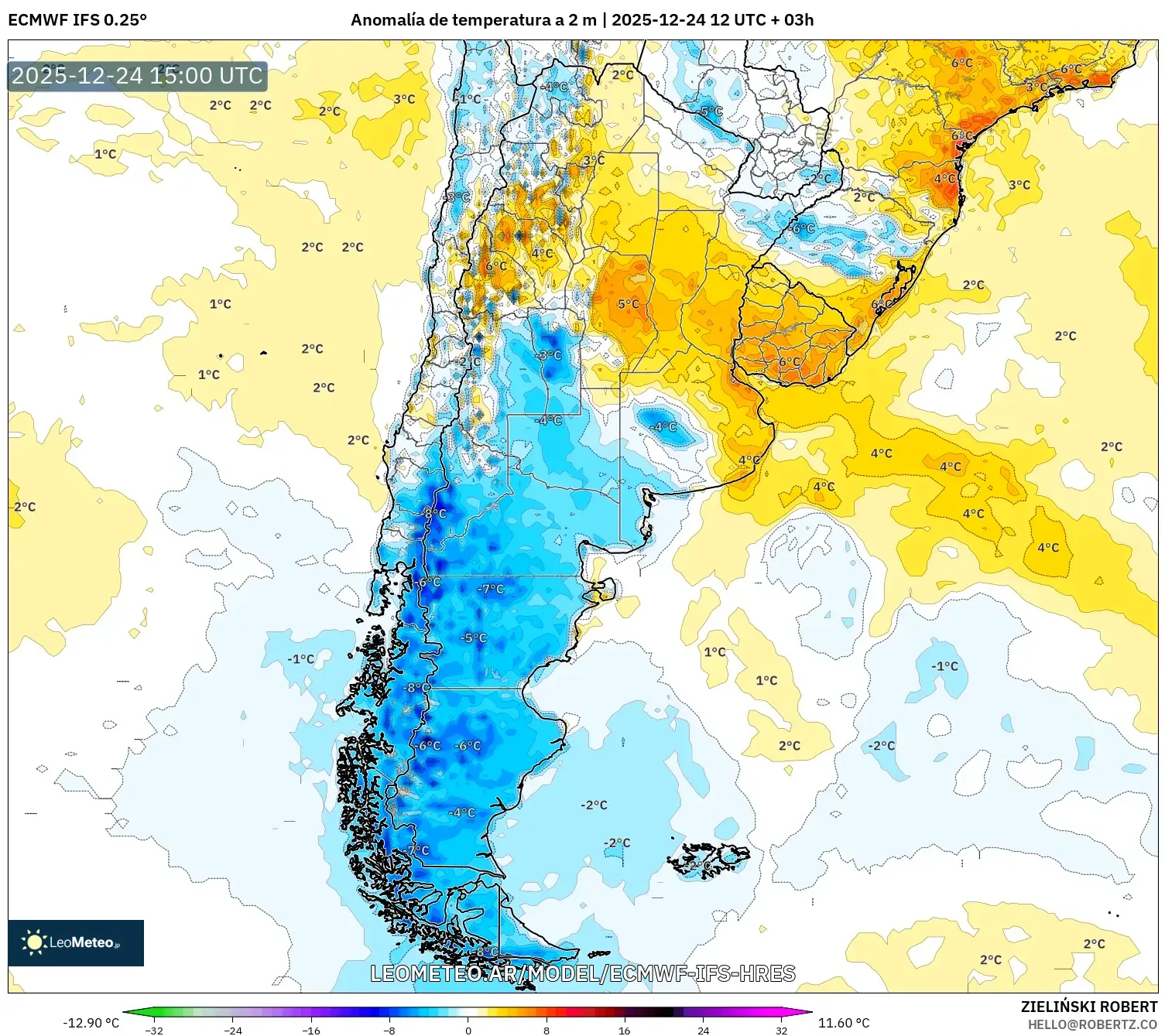 ECMWF IFS 0.25° model - Argentyna, Anomalia temperatury na 2 m