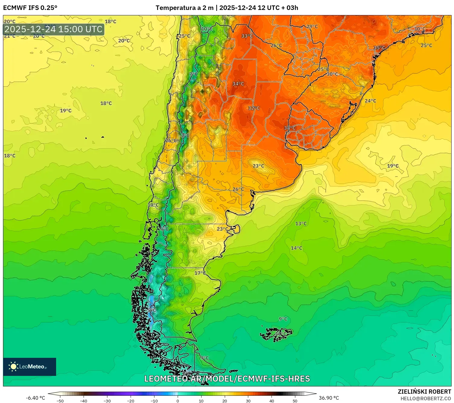 ECMWF IFS 0.25° model - Argentyna, Temperatura na 2 m