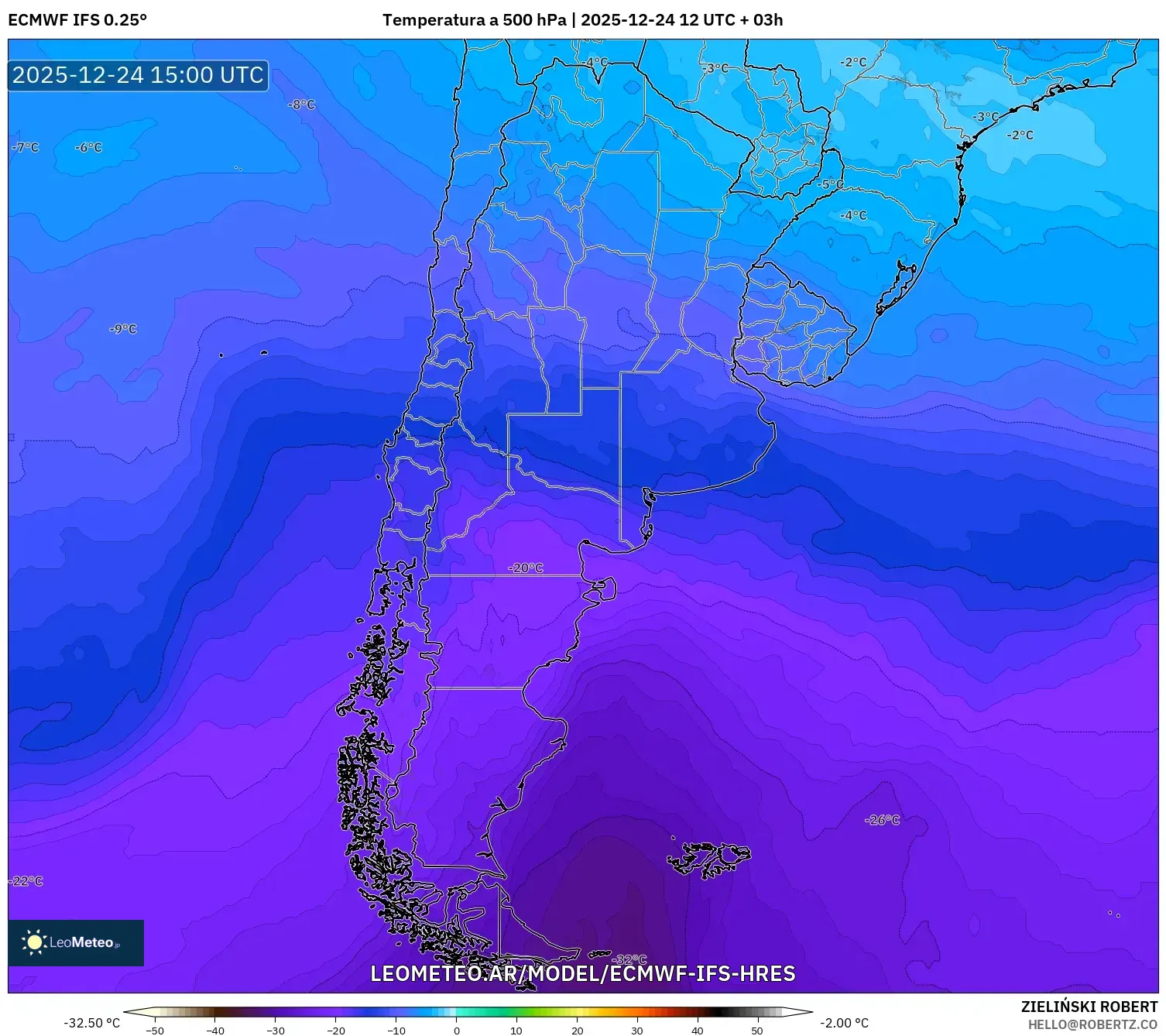ECMWF IFS 0.25° model - Argentyna, Temperatura na 500 hPa