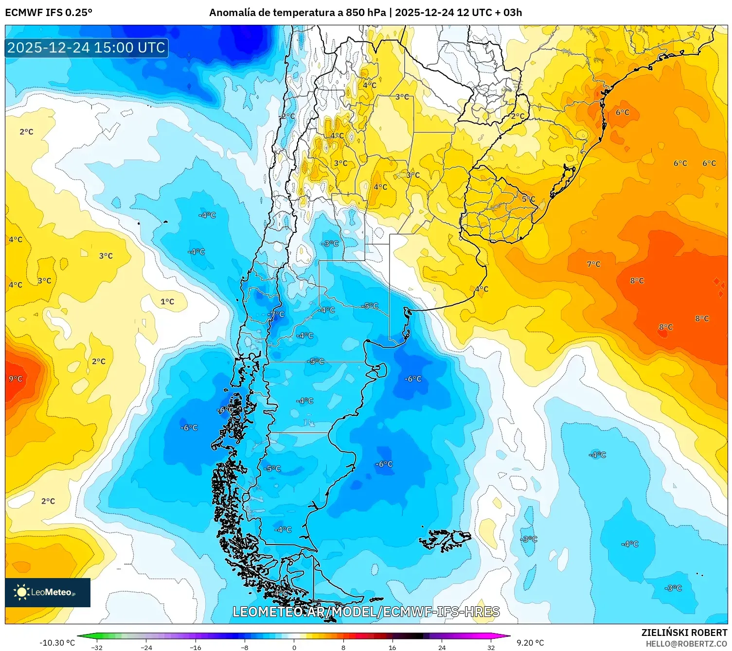 ECMWF IFS 0.25° model - Argentyna, Anomalia temperatury na 850 hPa