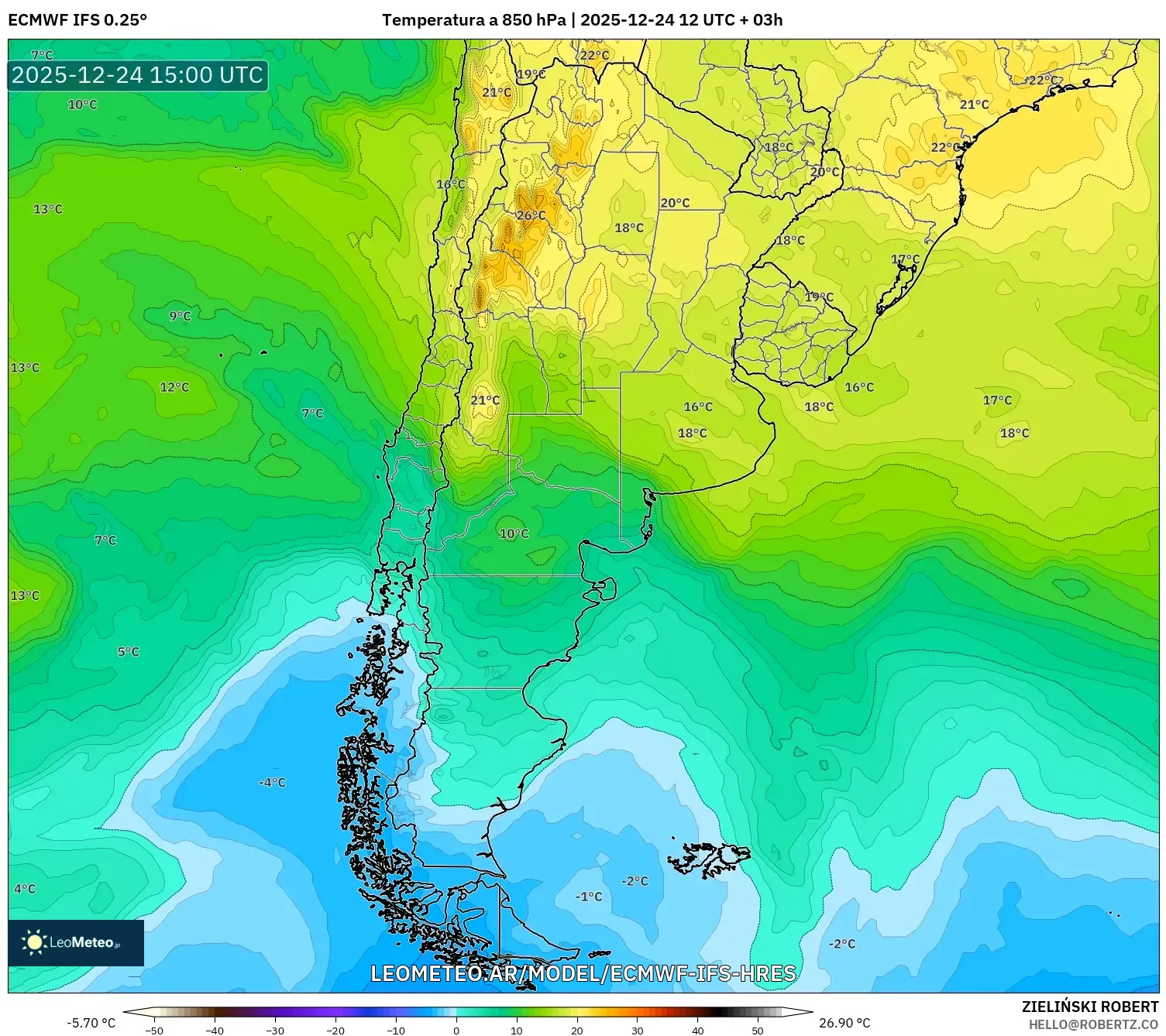 ECMWF IFS 0.25° model - Argentyna, Temperatura na 850 hPa