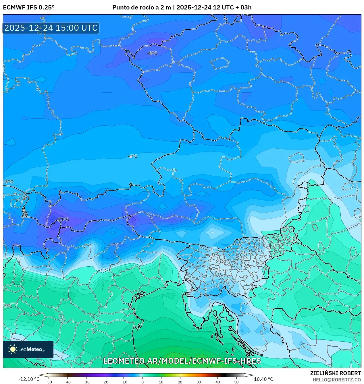 ECMWF IFS 0.25° model - Austria, Punkt rosy na 2 m