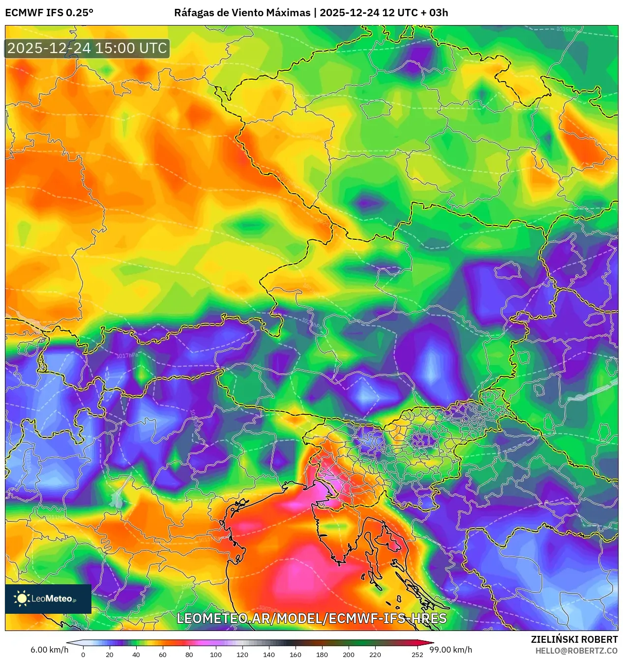 ECMWF IFS 0.25° model - Austria, Maksymalne Porywy Wiatru