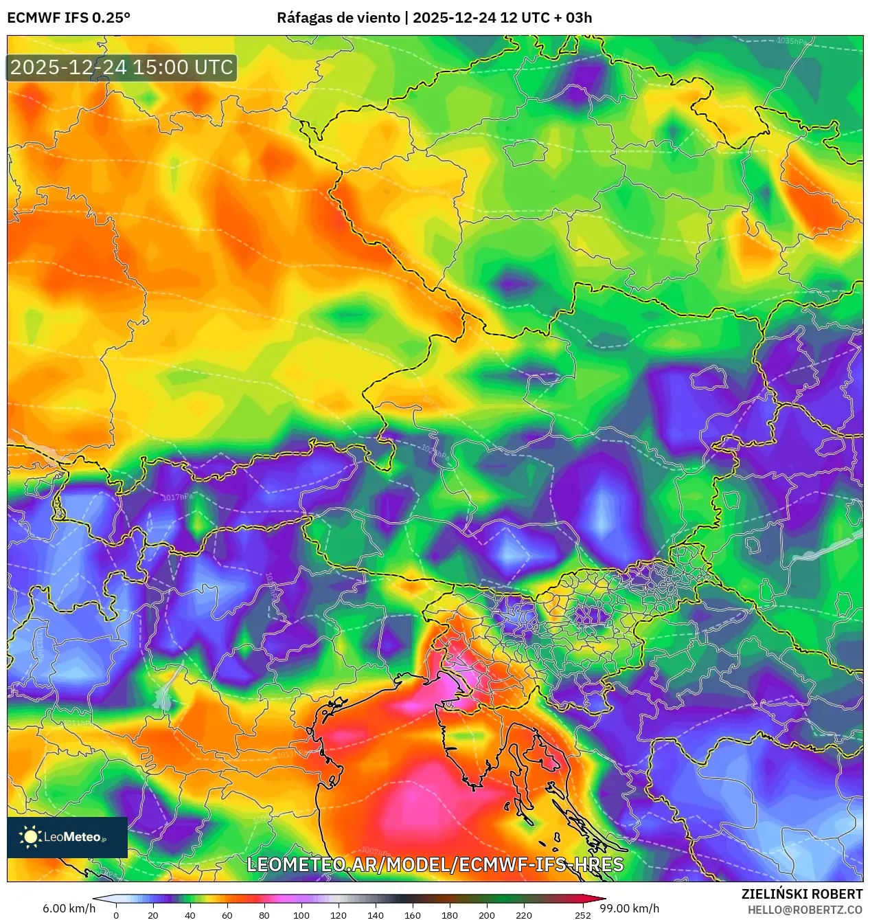 ECMWF IFS 0.25° model - Austria, Porywy wiatru