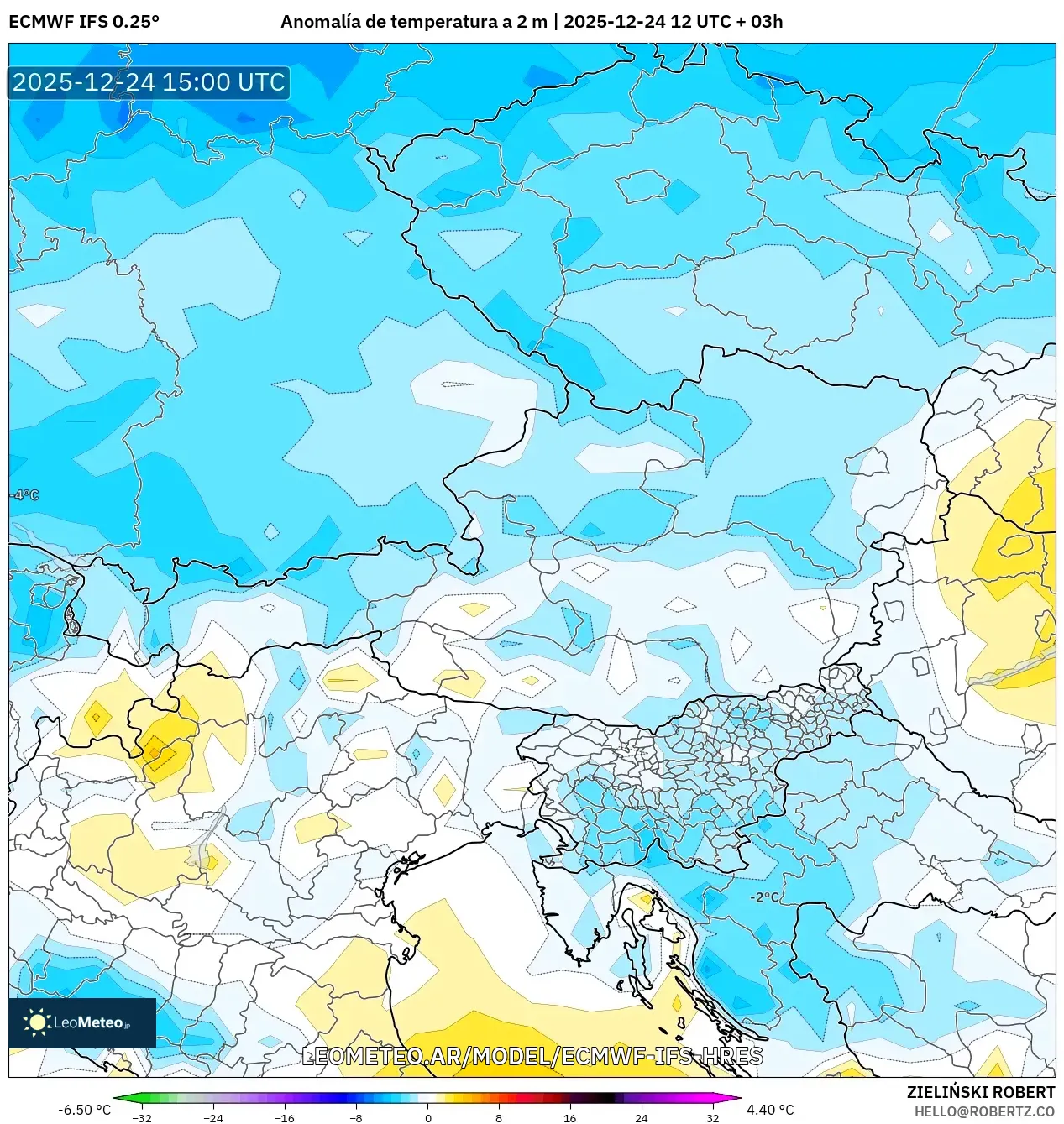 ECMWF IFS 0.25° model - Austria, Anomalia temperatury na 2 m