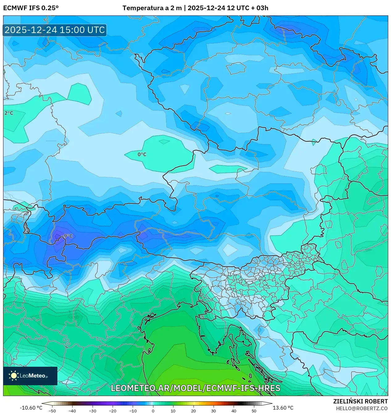 ECMWF IFS 0.25° model - Austria, Temperatura na 2 m