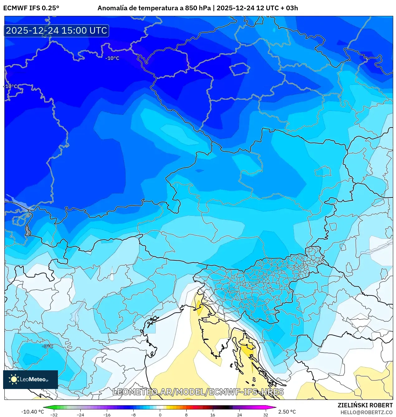 ECMWF IFS 0.25° model - Austria, Anomalia temperatury na 850 hPa