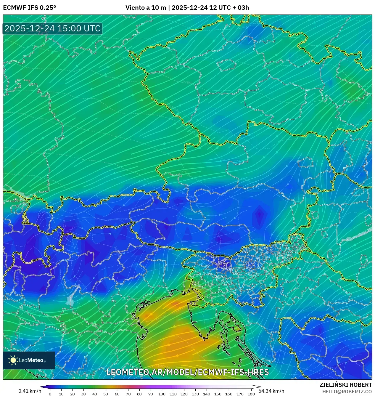 ECMWF IFS 0.25° model - Austria, Wiatr na 10 m