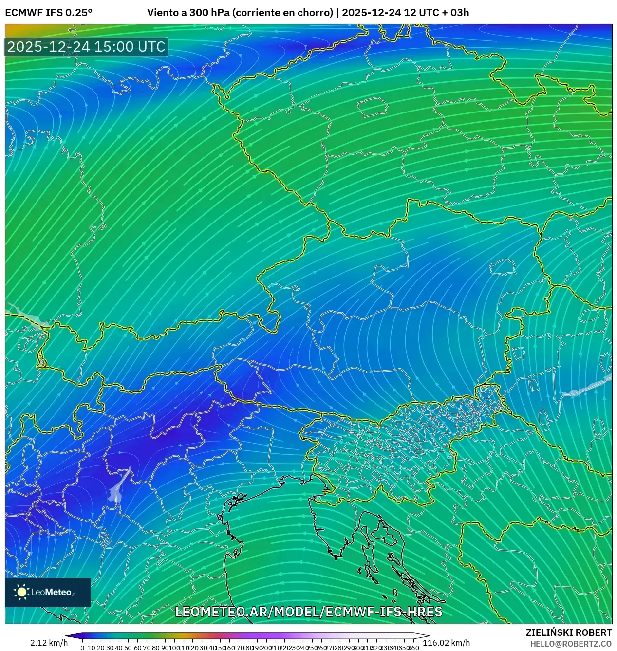 ECMWF IFS 0.25° model - Austria, Wiatr na 300 hPa (prąd strumieniowy)