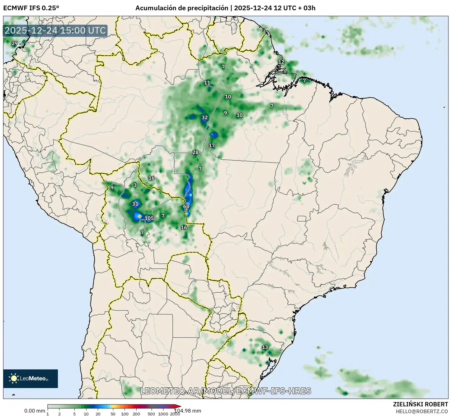 ECMWF IFS 0.25° model - Brazylia, Suma opadów
