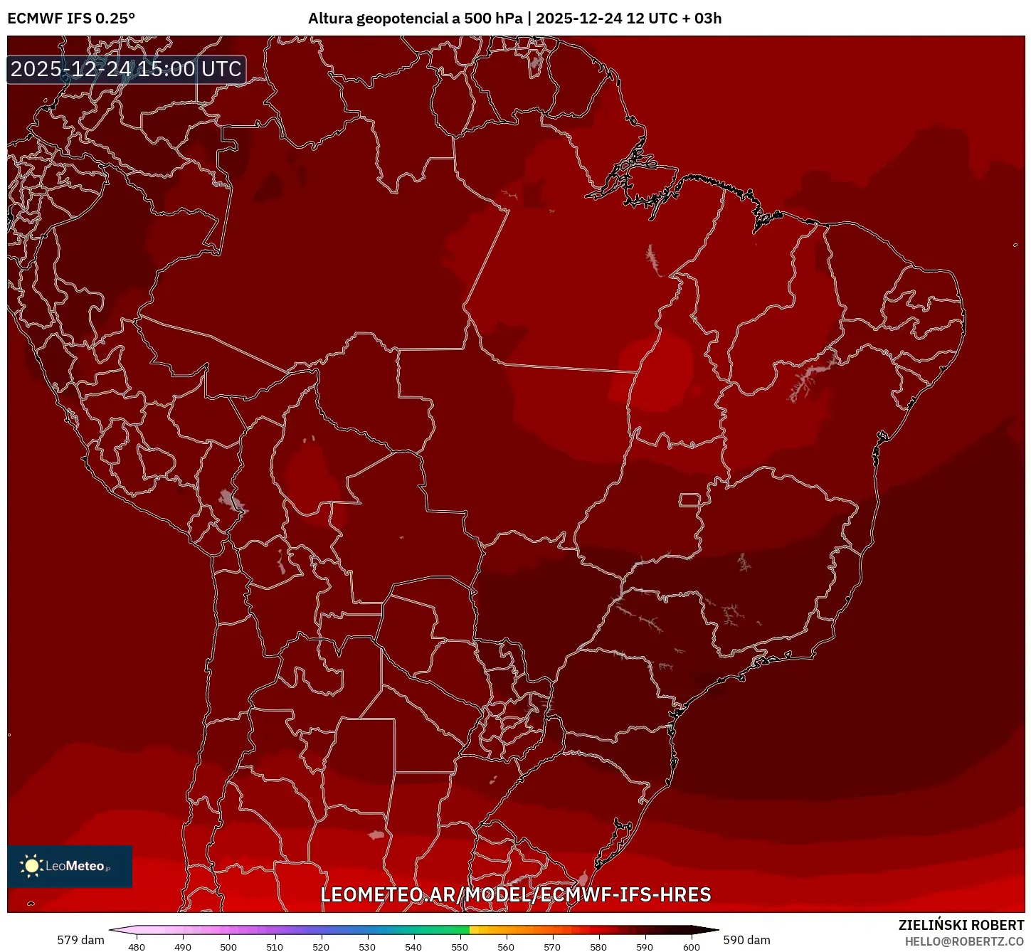 ECMWF IFS 0.25° model - Brazylia, Wysokość geopotencjalna na poziomie 500 hPa