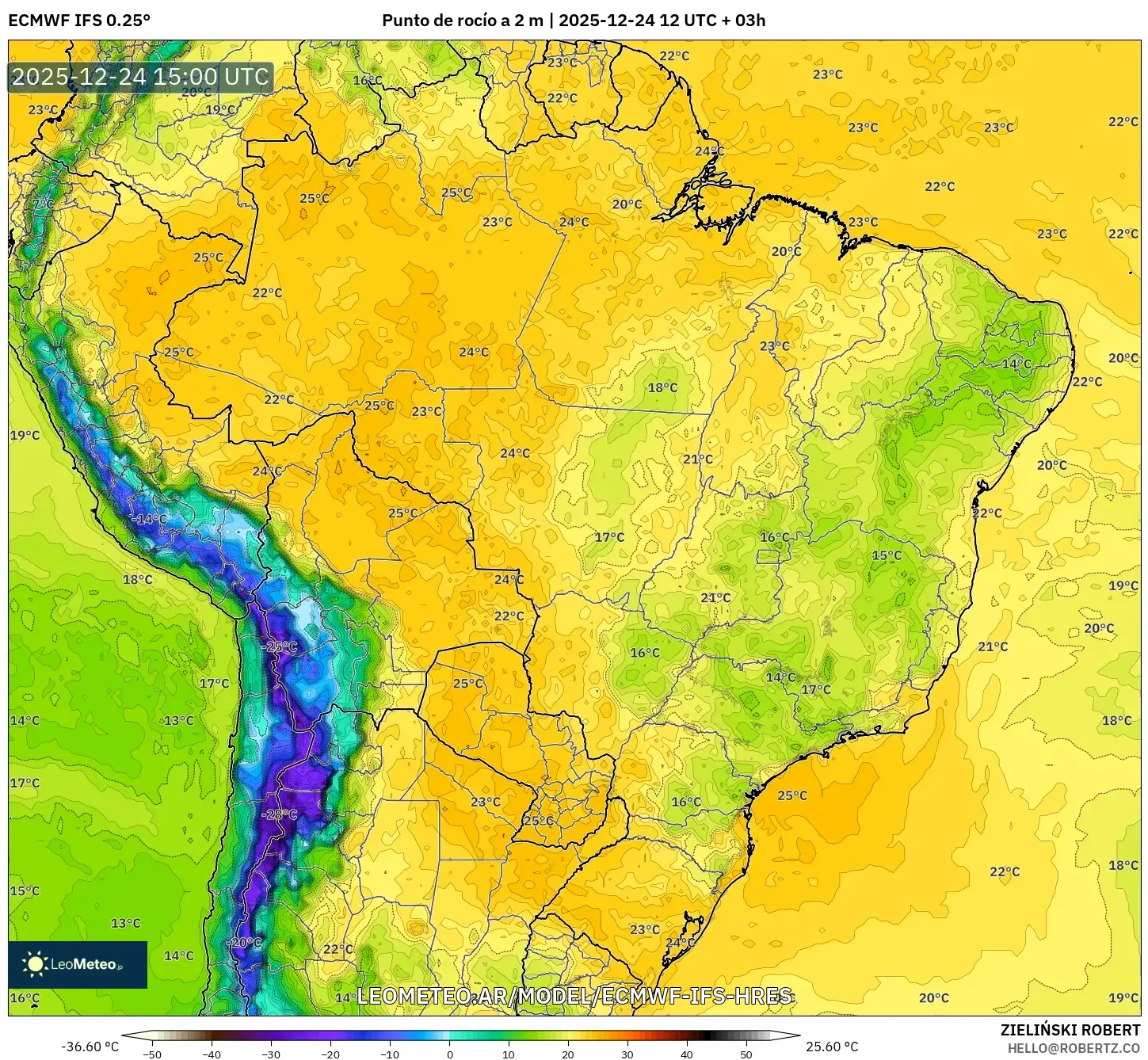 ECMWF IFS 0.25° model - Brazylia, Punkt rosy na 2 m