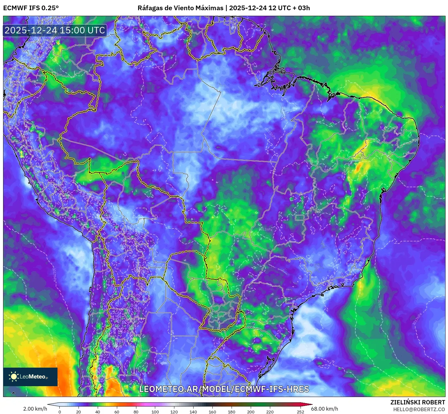 ECMWF IFS 0.25° model - Brazylia, Maksymalne Porywy Wiatru