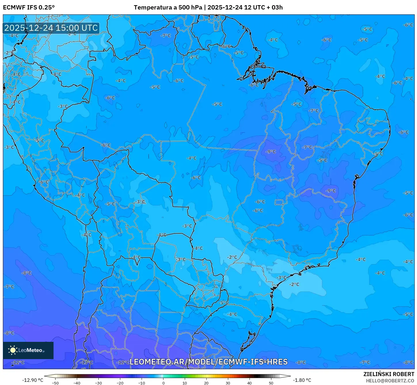 ECMWF IFS 0.25° model - Brazylia, Temperatura na 500 hPa