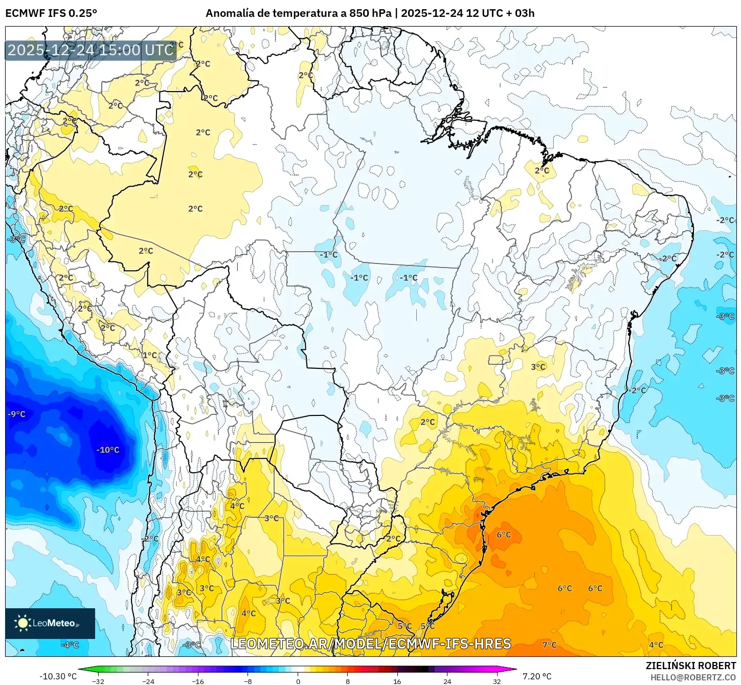 ECMWF IFS 0.25° model - Brazylia, Anomalia temperatury na 850 hPa