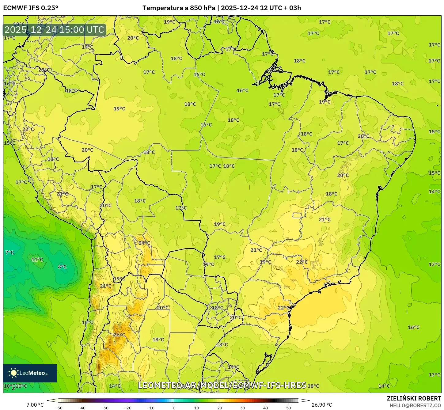 ECMWF IFS 0.25° model - Brazylia, Temperatura na 850 hPa