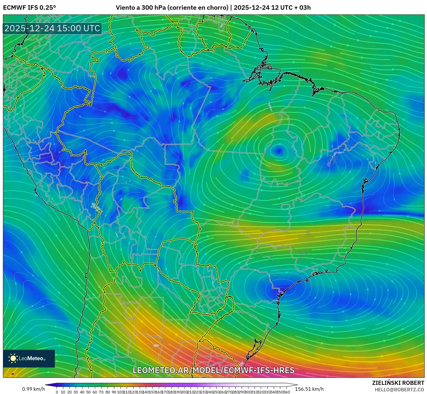 ECMWF IFS 0.25° model - Brazylia, Wiatr na 300 hPa (prąd strumieniowy)
