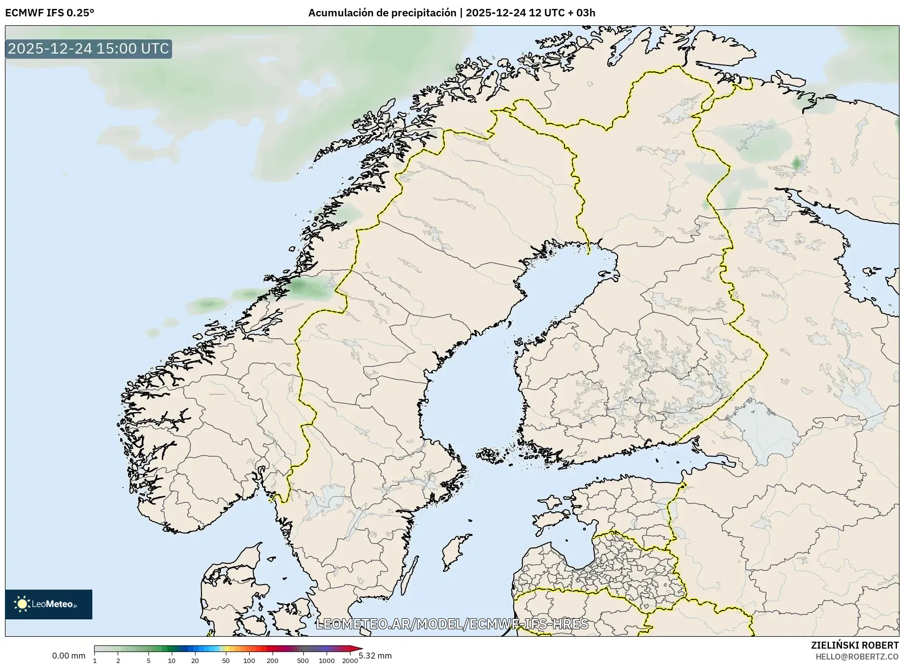 ECMWF IFS 0.25° model - Skandynawia, Suma opadów