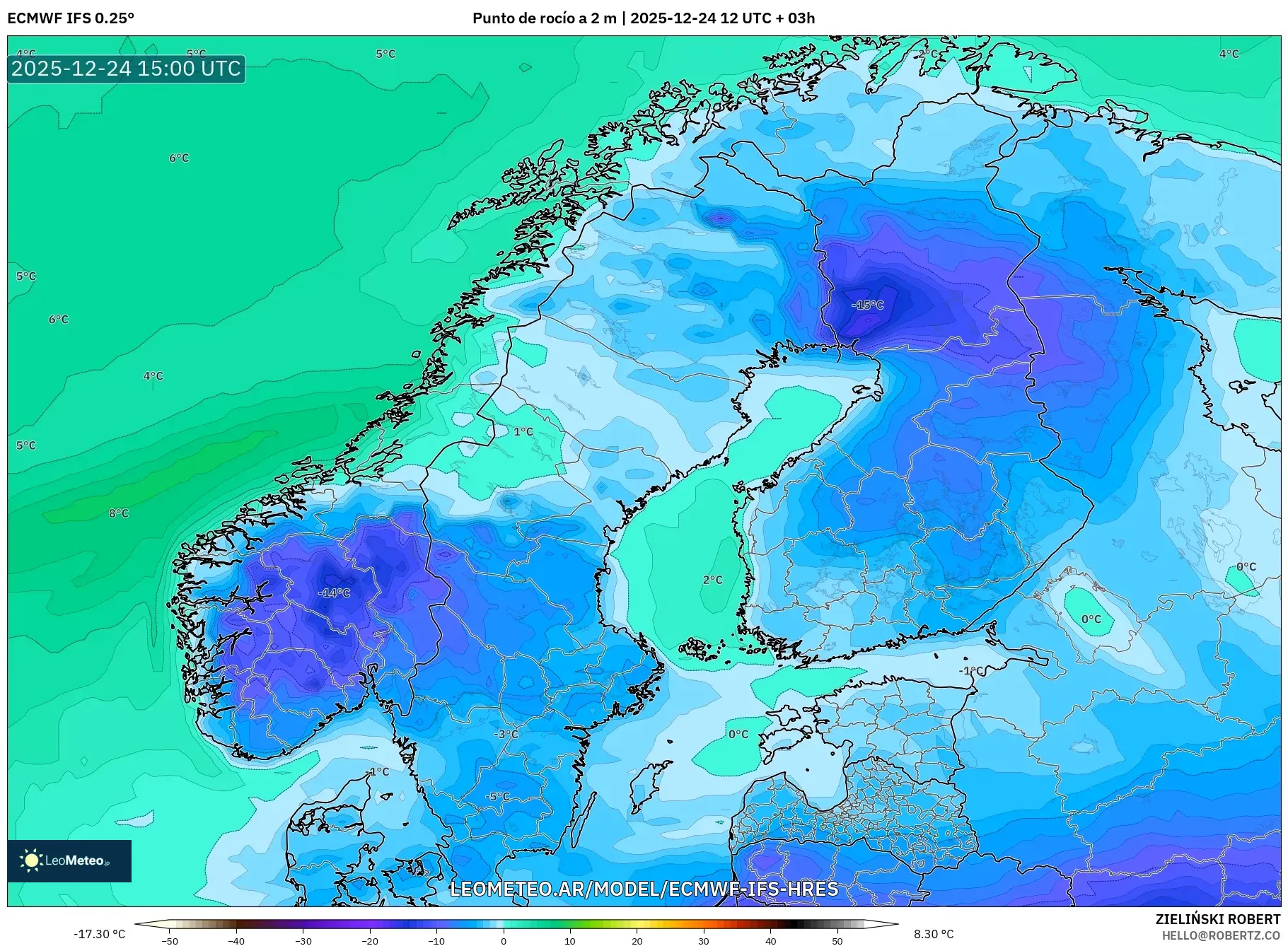 ECMWF IFS 0.25° model - Skandynawia, Punkt rosy na 2 m