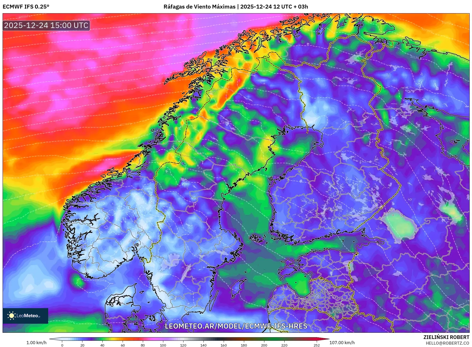 ECMWF IFS 0.25° model - Skandynawia, Maksymalne Porywy Wiatru