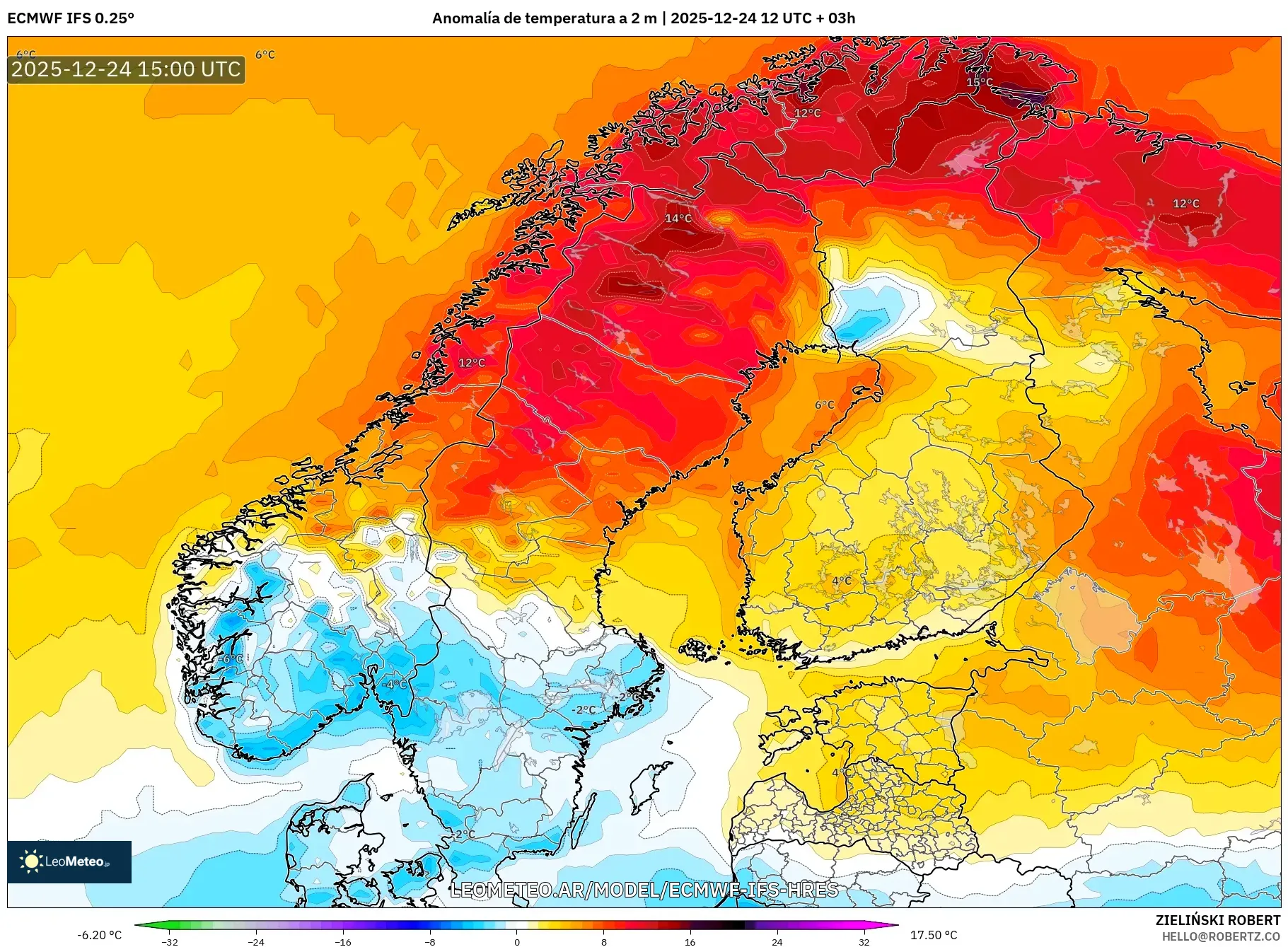 ECMWF IFS 0.25° model - Skandynawia, Anomalia temperatury na 2 m