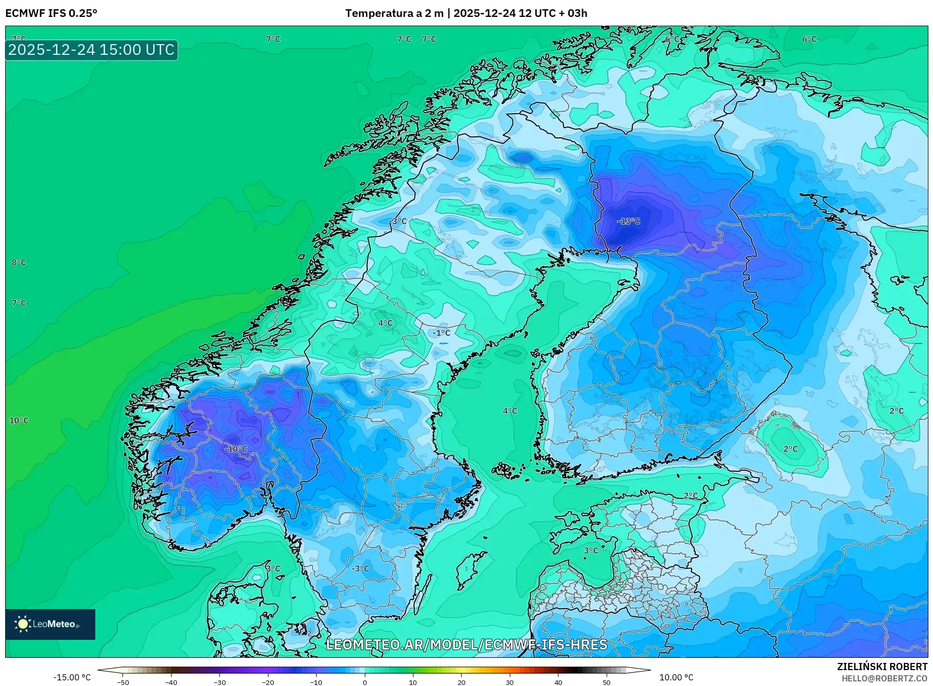 ECMWF IFS 0.25° model - Skandynawia, Temperatura na 2 m